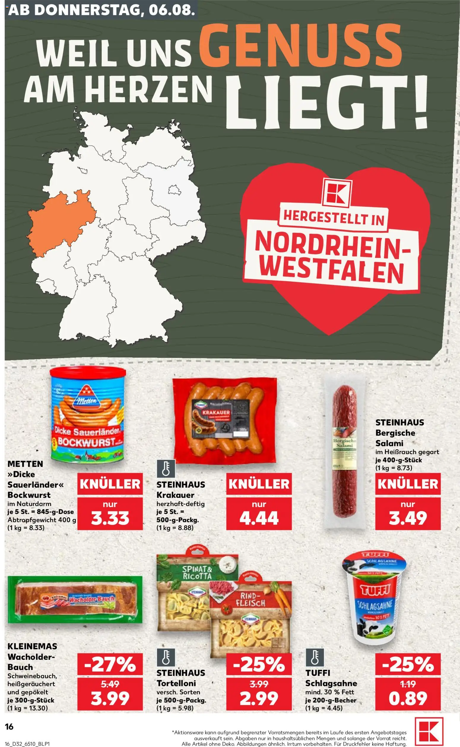 Kaufland Prospekt Köln – gültig ab 06.08.2026 | Seite: 16 | Produkte: Bockwurst, Schlagsahne, Salami, Fleisch