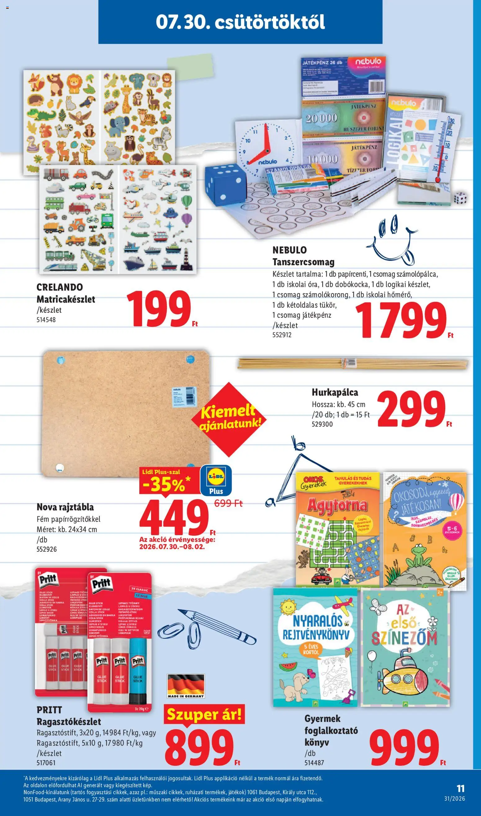 Lidl akciós ujság - amely érvényes a következő dátumtól: 2026.07.30. | Oldal: 11 | Termékek: Játékok, Rajztábla
