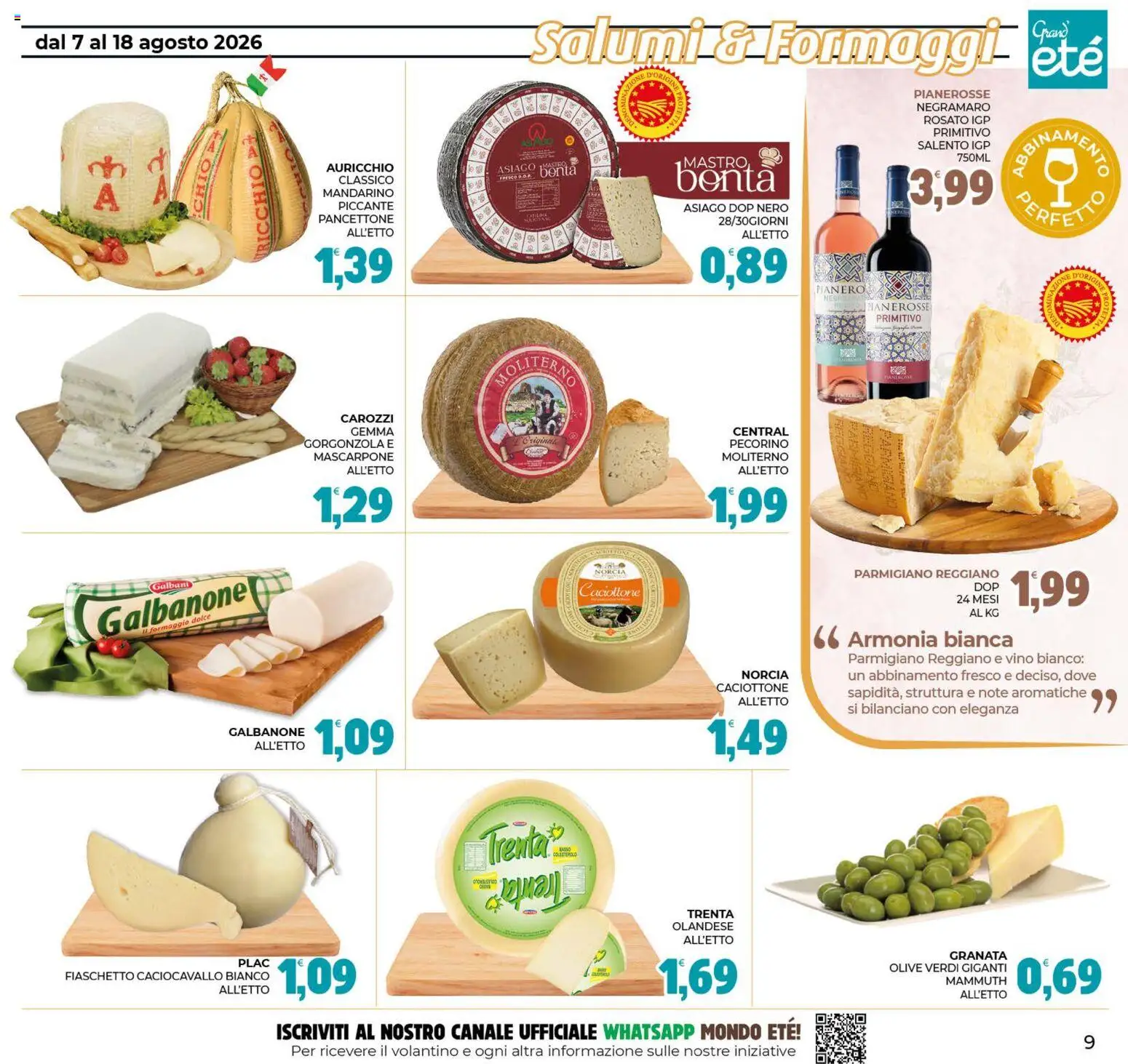 Volantino Eté del 07/08/2026 | Pagina: 9 | Prodotti: Vino, Mascarpone, Parmigiano reggiano, Parmigiano