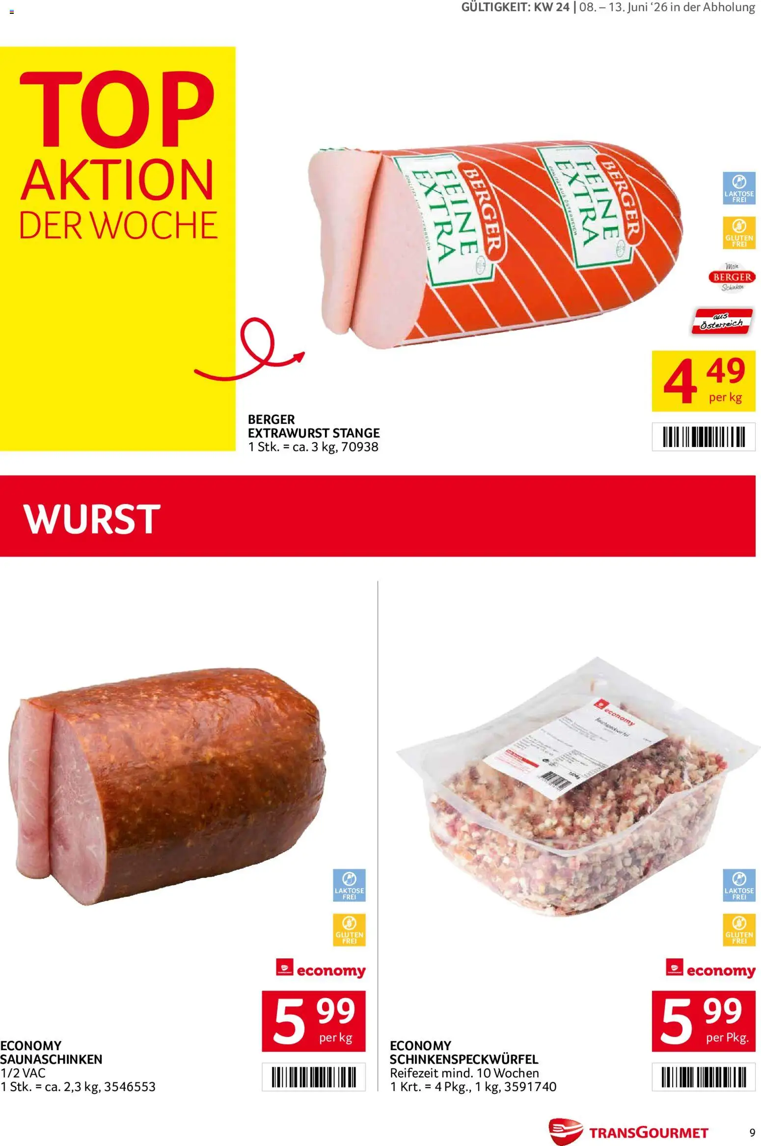 Transgourmet Flugblatt gültig ab 08.06.2026 | Seite: 9 | Produkte: Wurst, Schinken