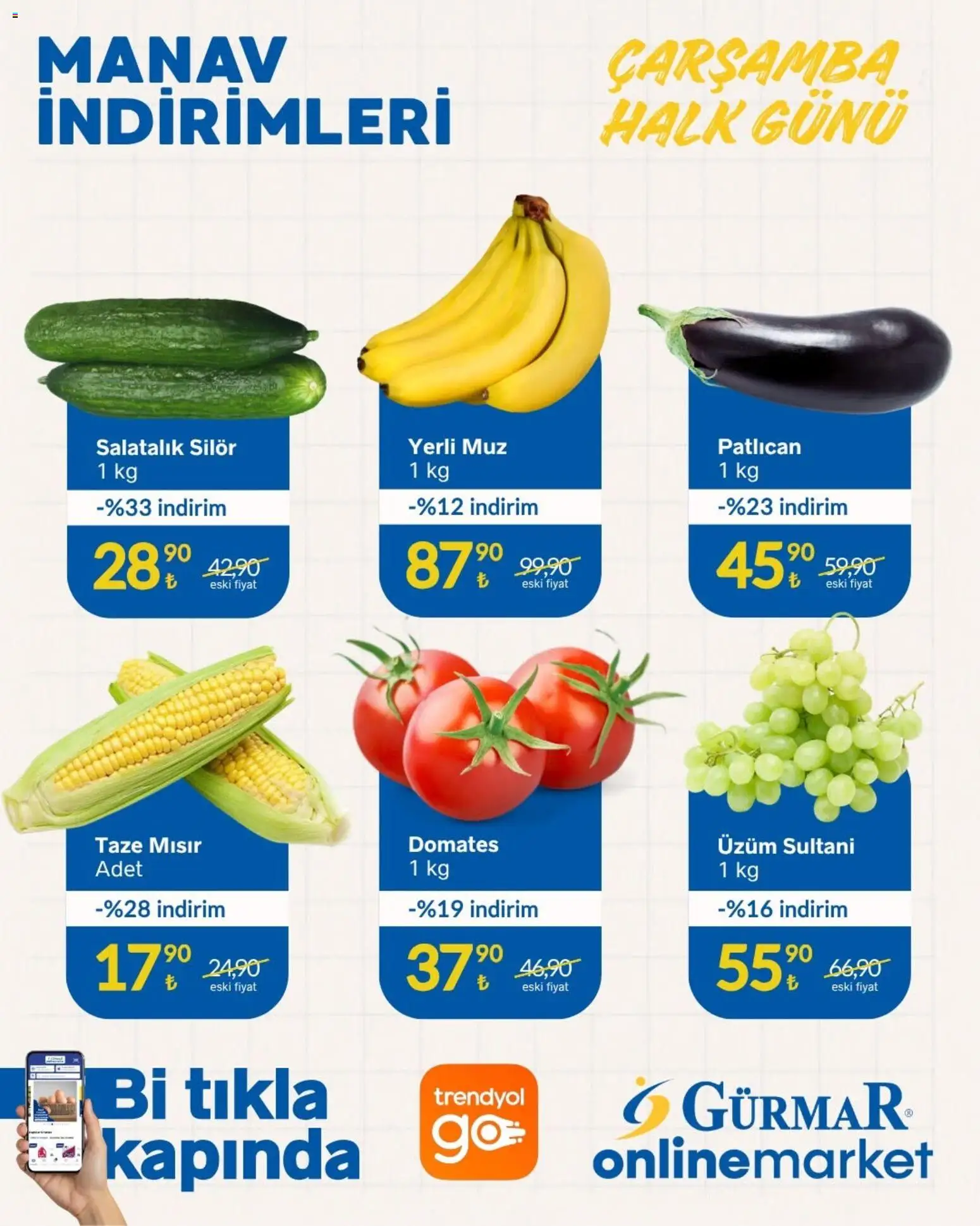 Gürmar - Manav İndirimleri - 26 Ağustos 2026 tarihinden itibaren geçerlidir | Sayfa: 1 | Ürünler: Muz, Patlıcan, Üzüm, Mısır