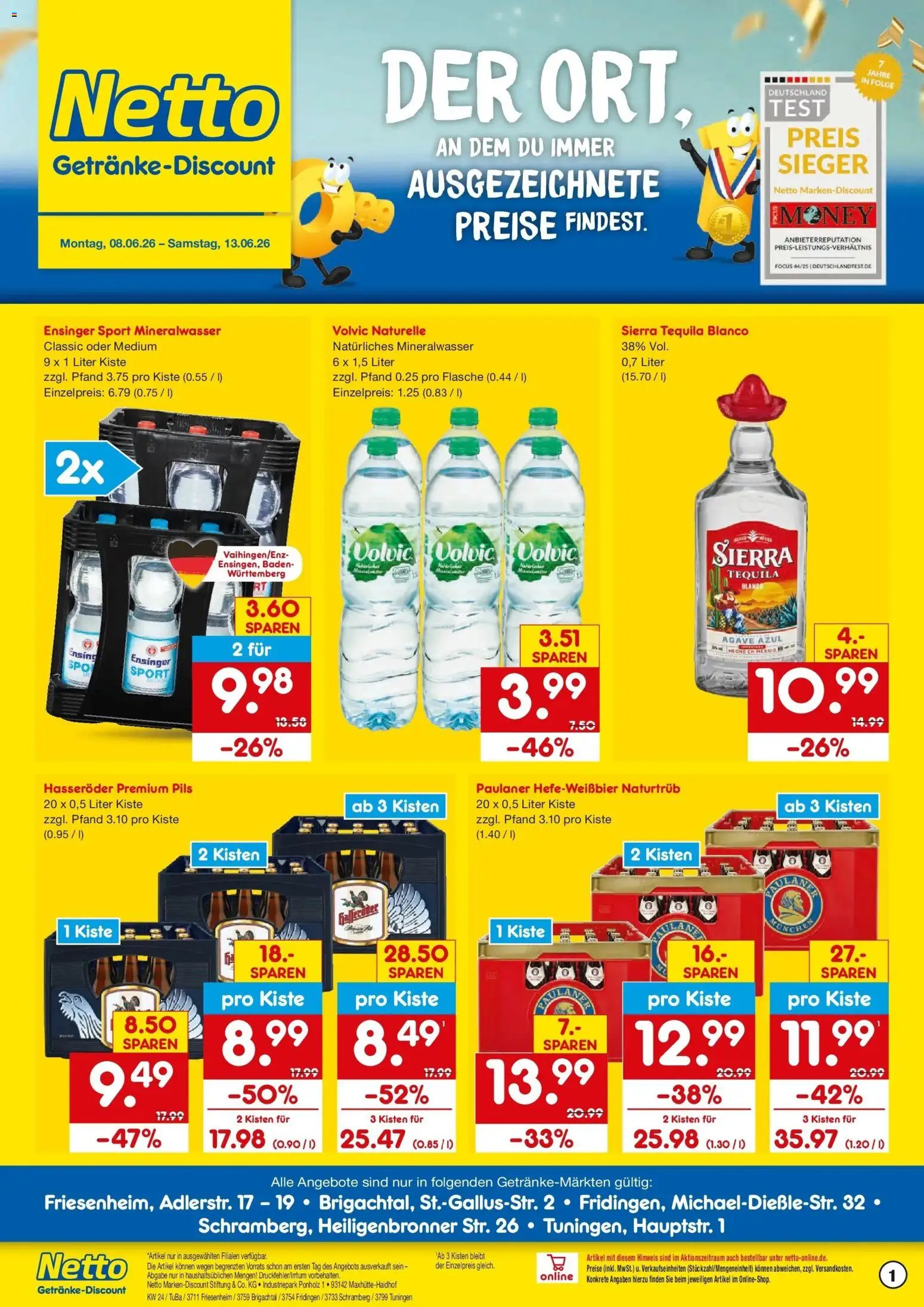 Netto Marken-Discount Prospekt Friesenheim – gültig ab 08.06.2026 | Seite: 1 | Produkte: Pils, Mineralwasser, Hasseröder, Paulaner