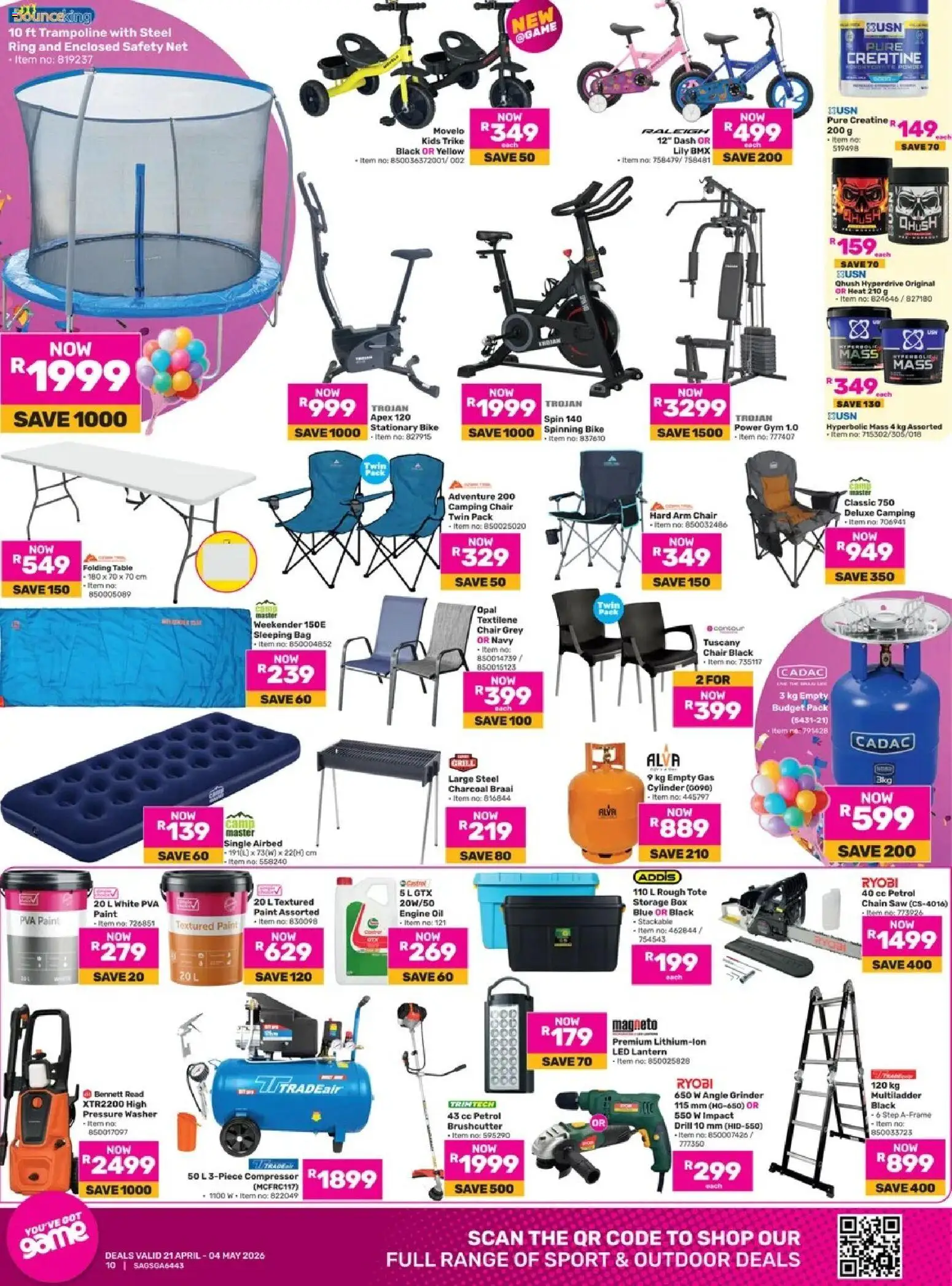 New Game catalogue – valid from 21.04.2026 | Page: 10 | Products: Bag, Chair, Sleeping bag, Angle grinder
