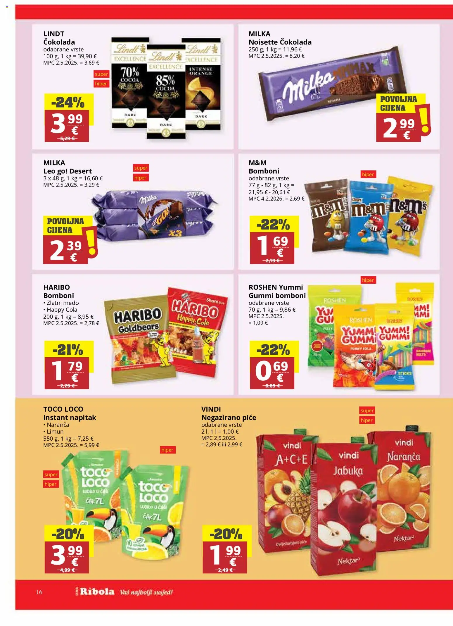 Ribola katalog | vrijedi od 27.05.2026 | Stranica: 16 | Proizvodi: Lindt, Bomboni, Milka, Jabuka