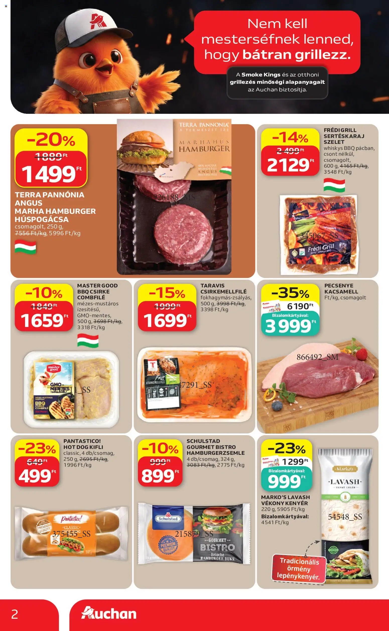 Auchan akciós ujság - amely érvényes a következő dátumtól: 2026.07.16. | Oldal: 2 | Termékek: Hot dog, Sertéskaraj, Hamburgerzsemle, Marhahús