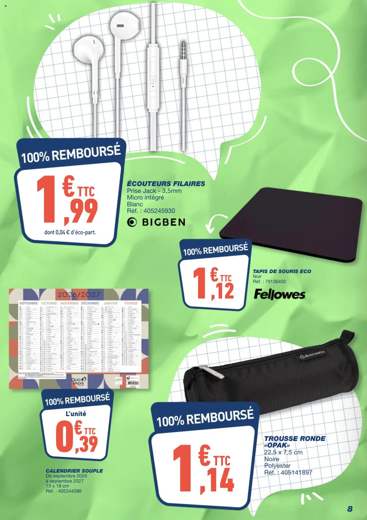 {H1} | Page: 8 | Produits: Souris, Écouteurs, Calendrier, Tapis