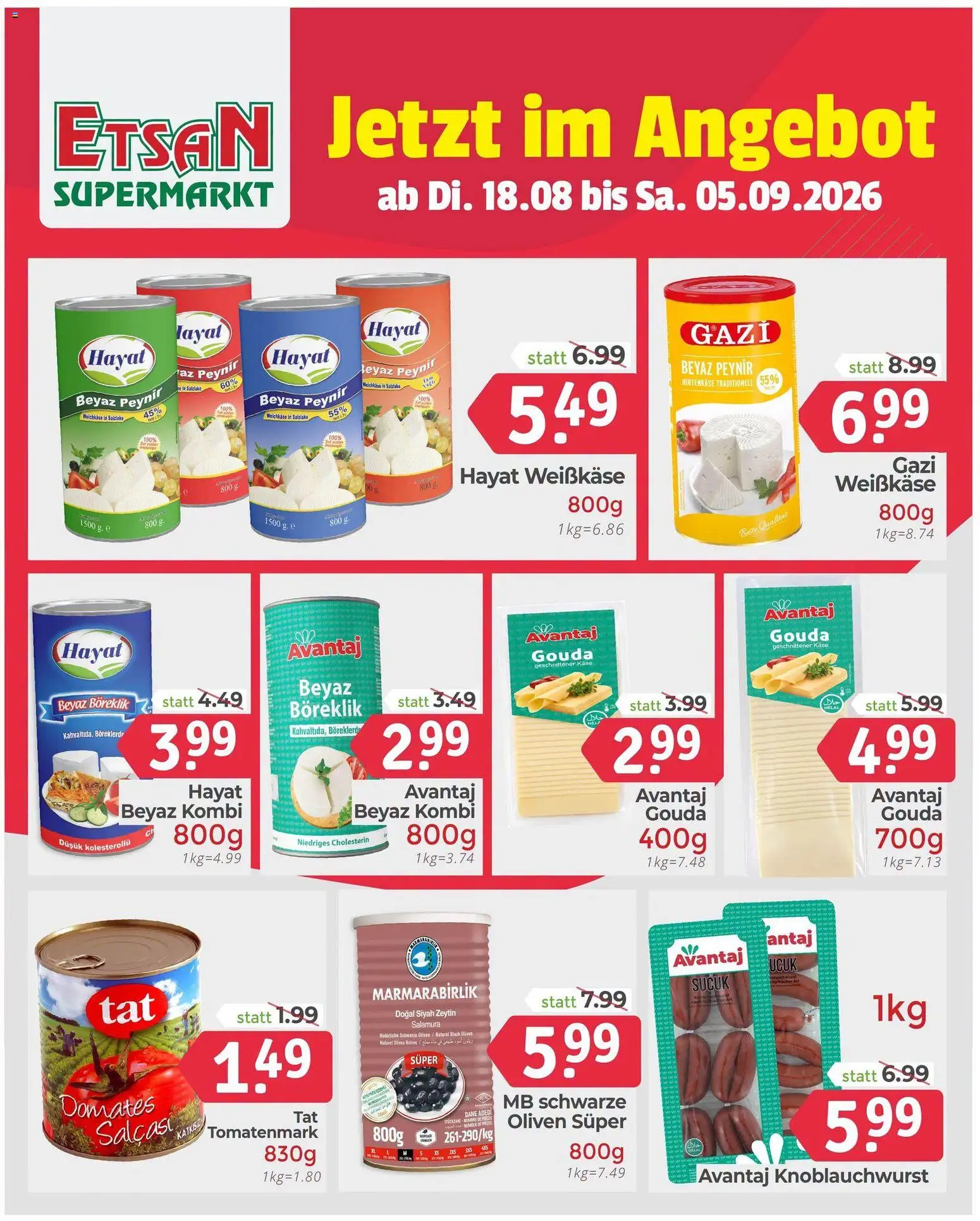 ETSAN Flugblatt gültig ab 18.08.2026 | Seite: 1 | Produkte: Weichkäse, Oliven, Weißkäse, Käse