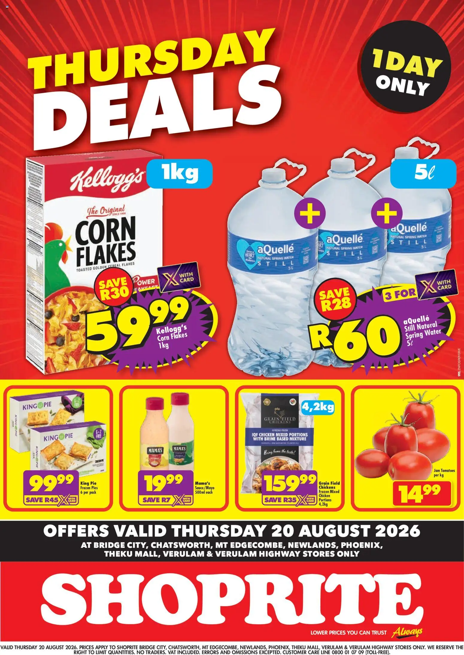 New Shoprite catalogue – valid from 20/08/2026 | Page: 1 | Products: Jam, Corn flakes, Chicken, Water