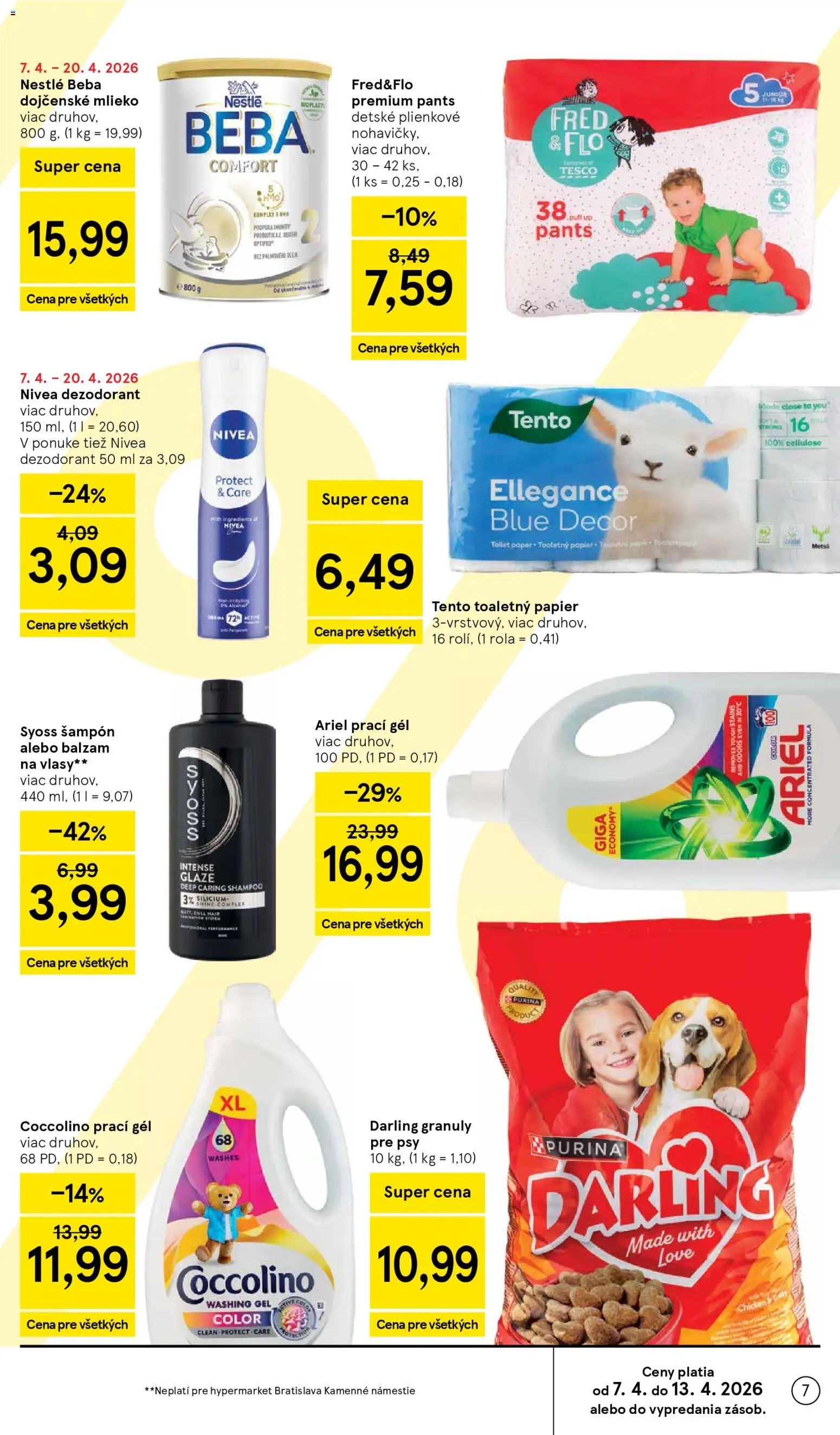 Nové Tesco akcie – leták je platný od 08.04.2026 | Strana: 7 | Produkty: Mlieko, Šampón, Coccolino, Beba