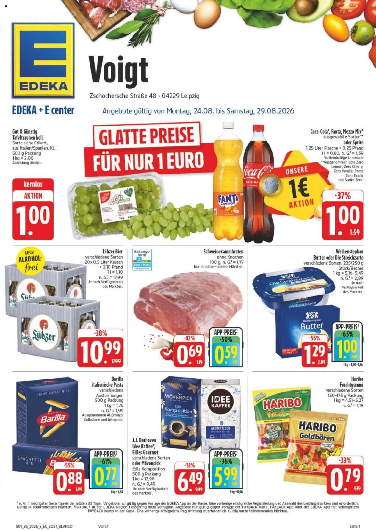 Edeka Prospekt Leipzig – gültig ab 23.08.2026 | Seite: 1 | Produkte: Sprite, Butter, Kaffee, Spaghetti