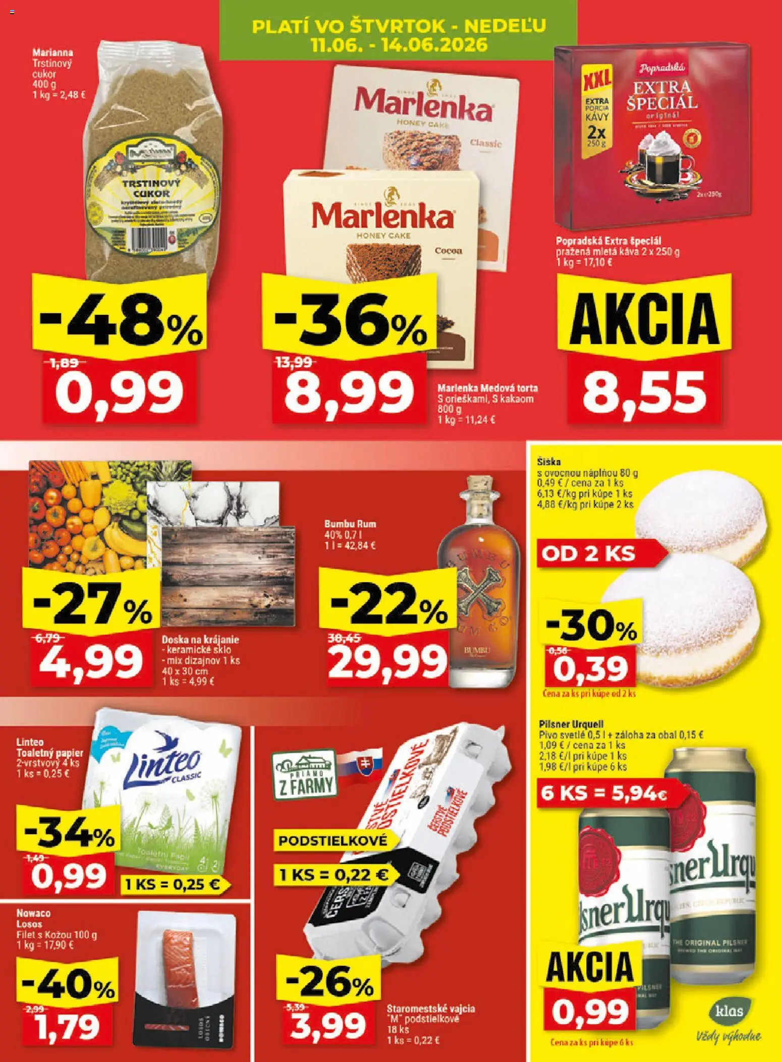 Nové Klas akcie – leták je platný od 08.06.2026 | Strana: 28 | Produkty: Pivo, Pilsner Urquell, Vajcia, Toaletný papier