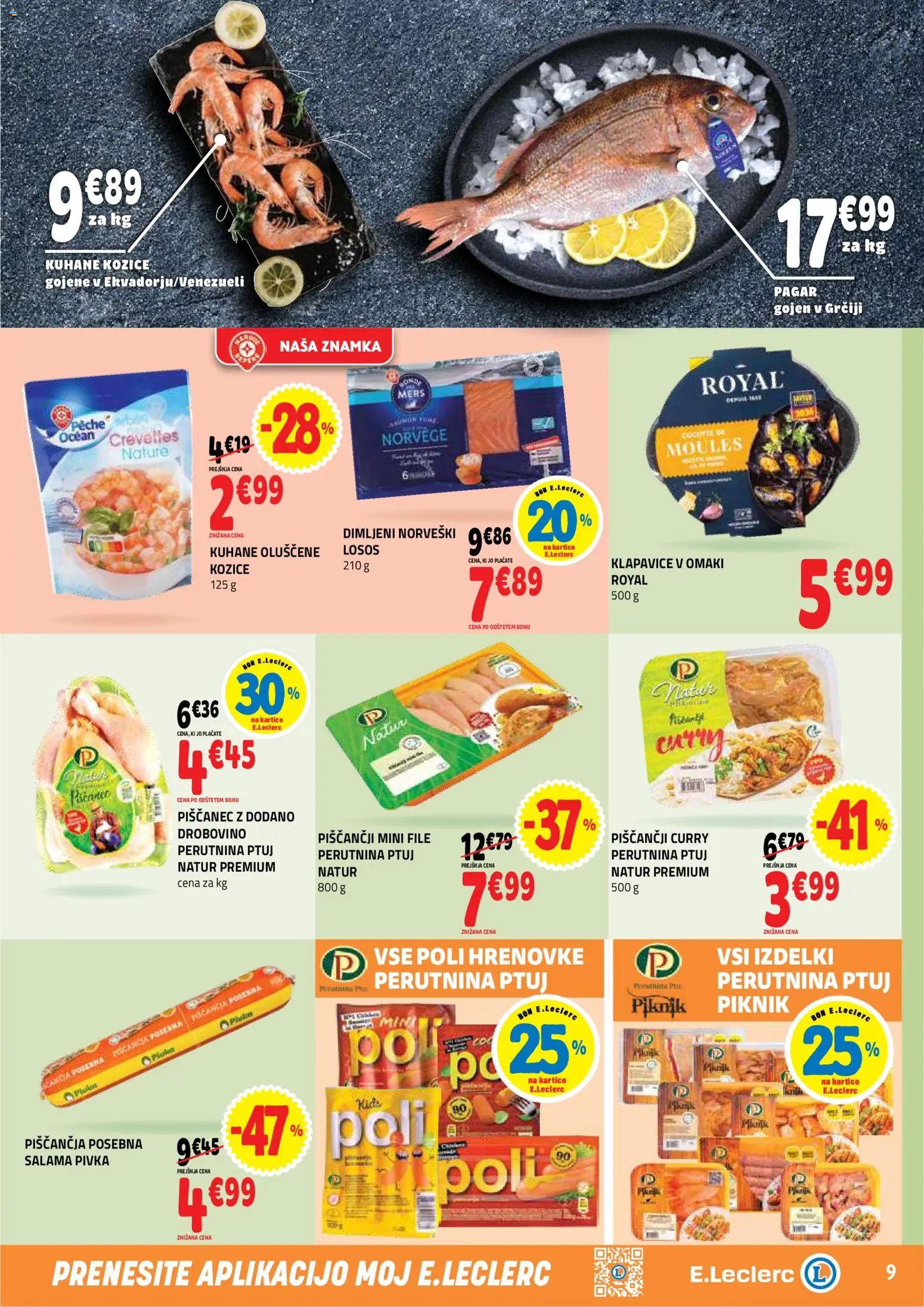 Novi E.leclerc katalog ponudbe – veljaven od 05.08.2026 | Stran: 9 | Izdelki: Hrenovke, Kozice, Losos, Klapavice