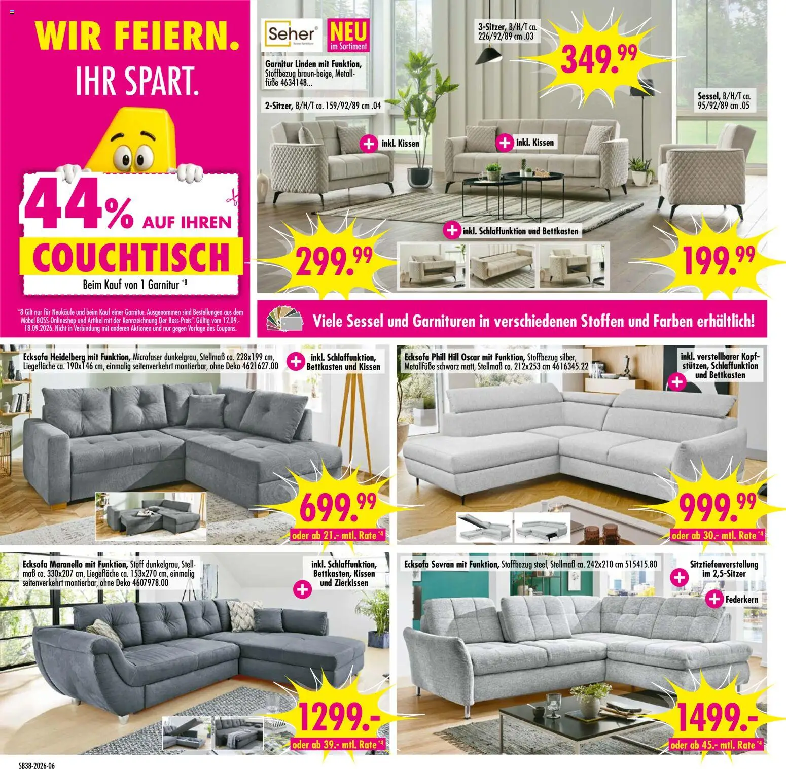 SB Möbel Boss Prospekt – gültig ab 12.09.2026 | Seite: 6 | Produkte: Ecksofa, Kissen, Sessel, Couchtisch