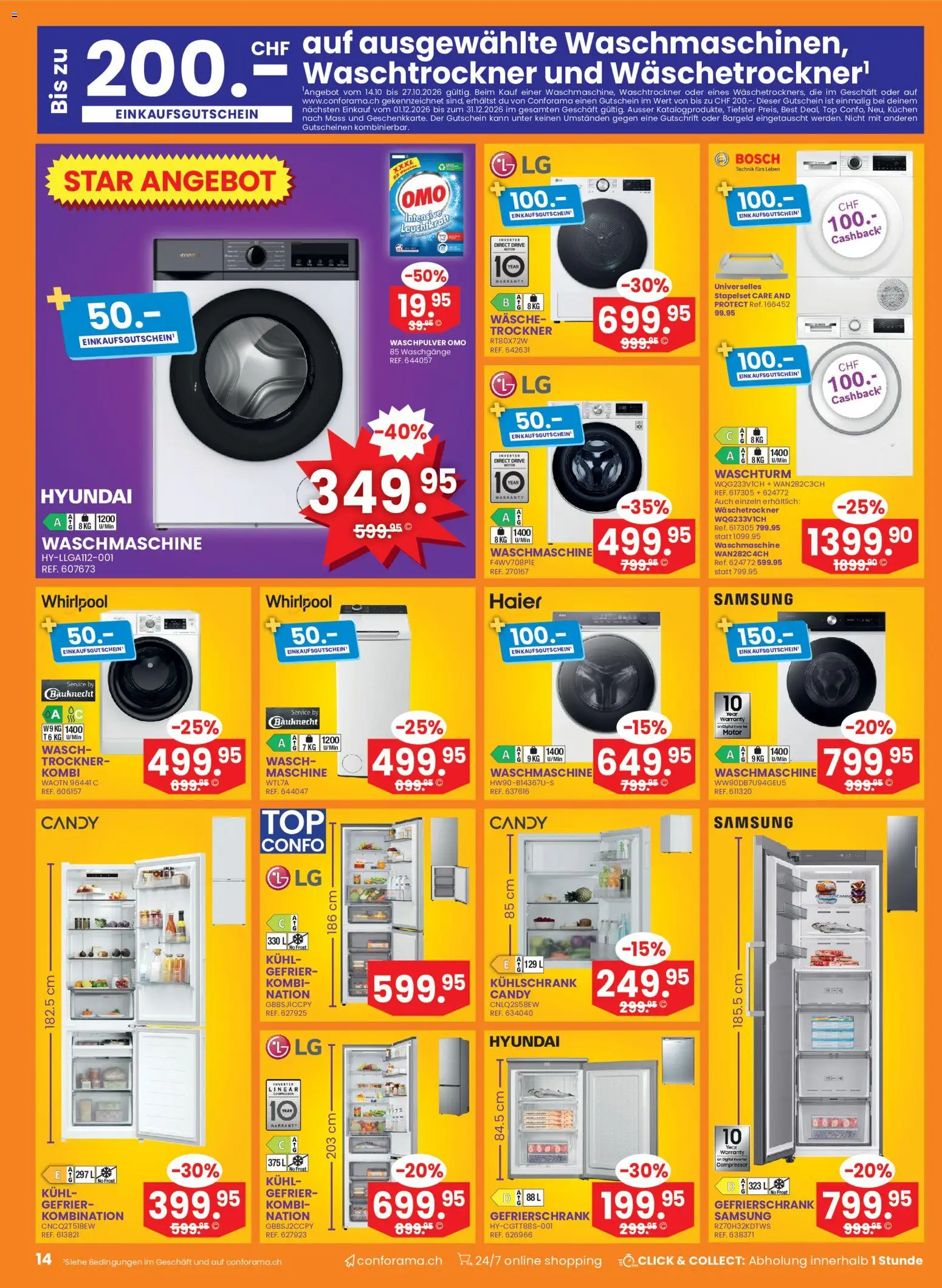 Conforama aktionen – gültig ab 14.10.2026 | Seite: 14 | Produkte: Waschpulver, Gefrierschrank, Waschmaschine, Trockner