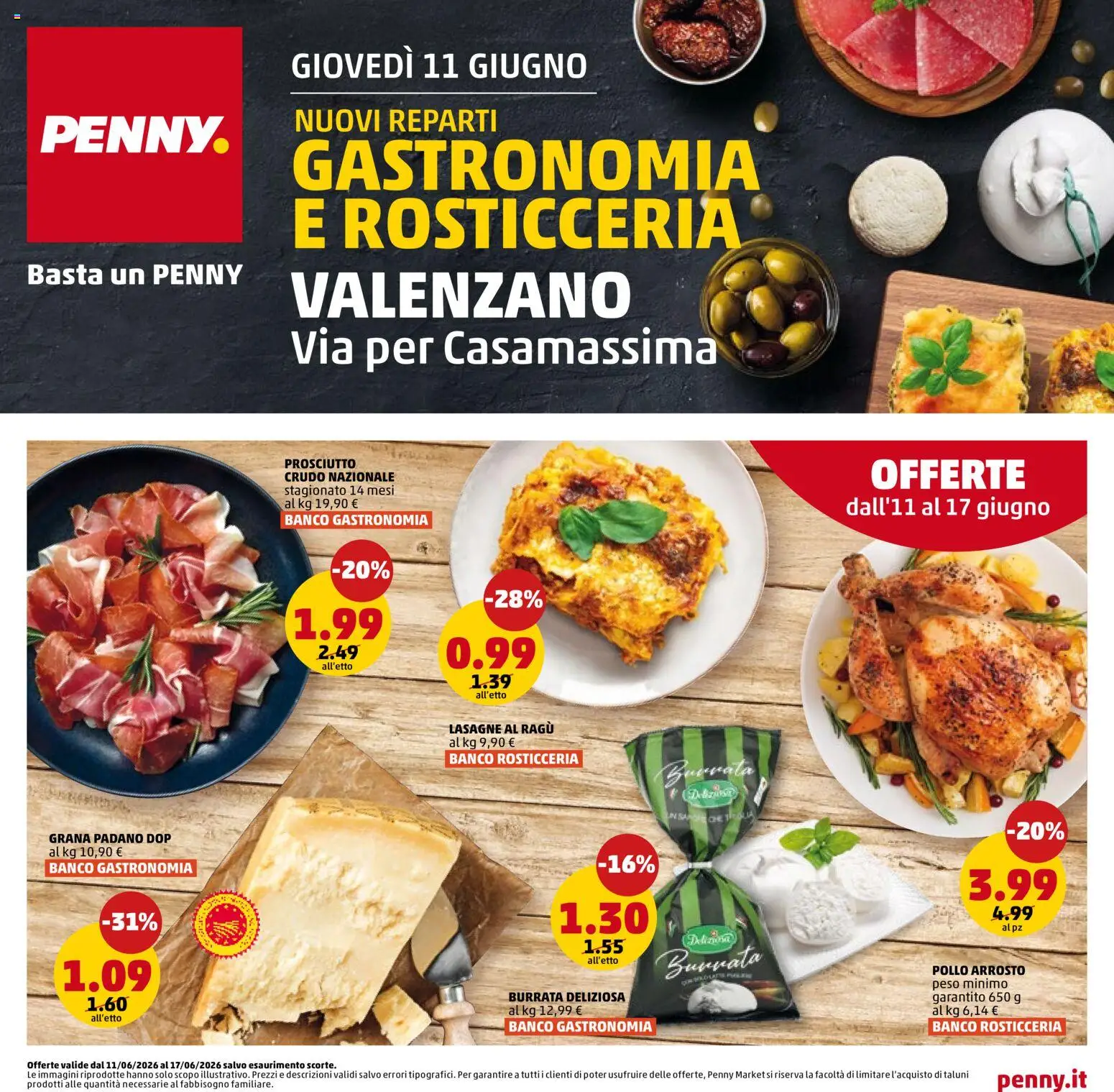 Volantino PENNY del 11.06.2026 | Pagina: 1 | Prodotti: Pollo, Ragú, Grana Padano, Burrata