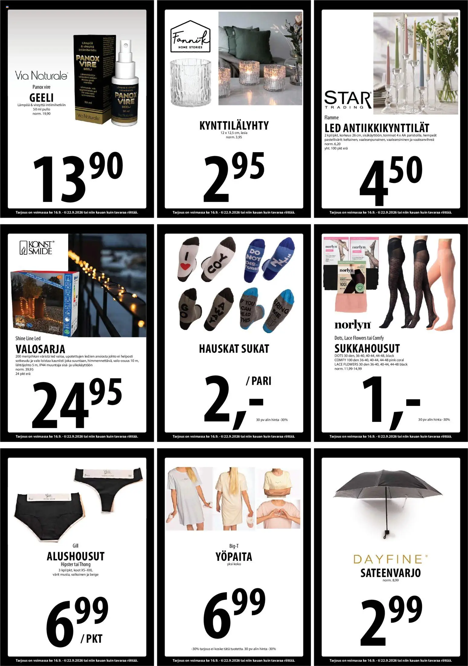 Tuuri tarjoukset – voimassa 16/09/2026 alkaen | Sivu: 19 | Tuotteet: Sukkahousut, Sukat, Alushousut, Sateenvarjo