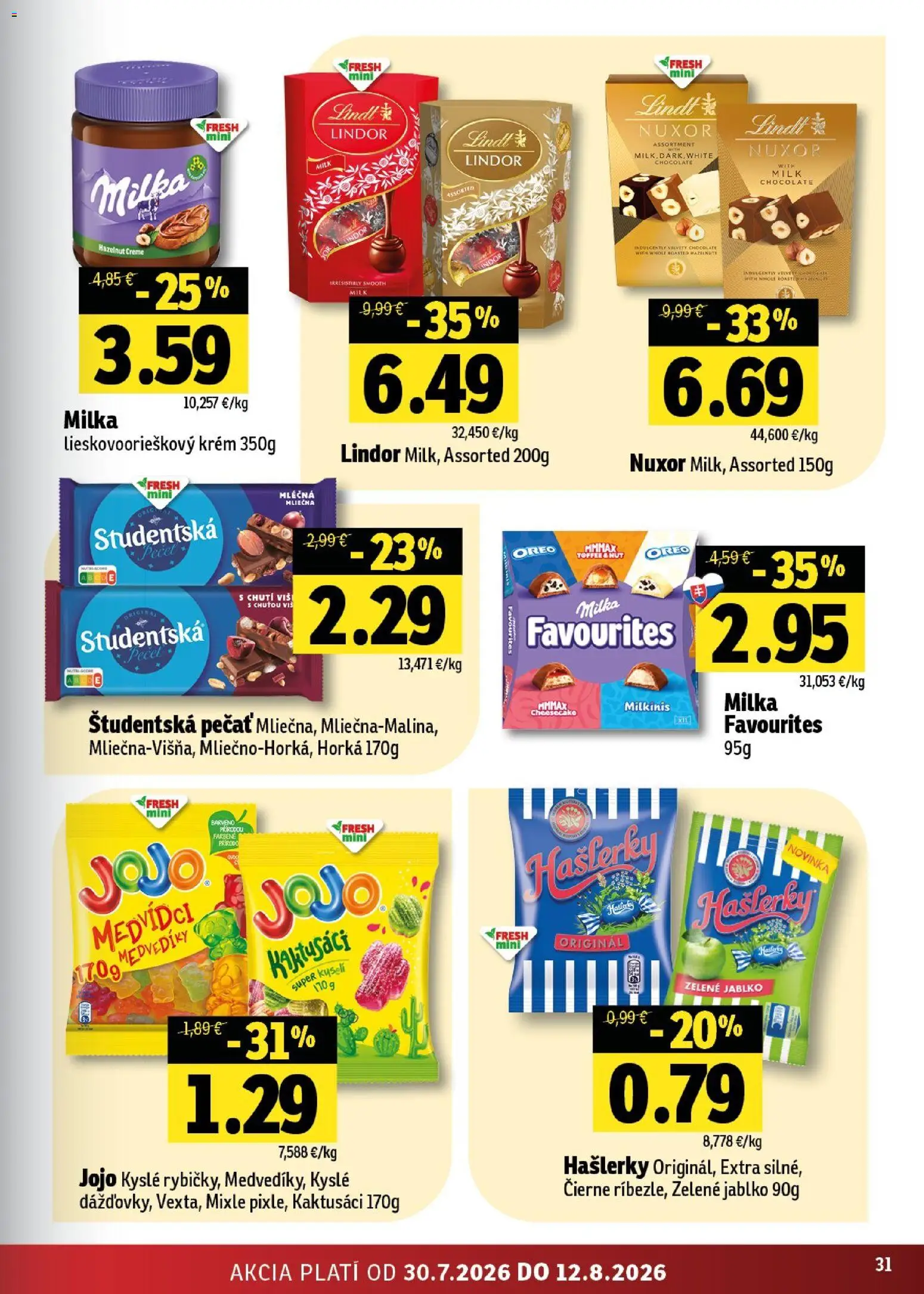Nové Fresh akcie – leták je platný od 30.07.2026 | Strana: 31 | Produkty: Lindor, Lindt, Študentská pečať, Milka