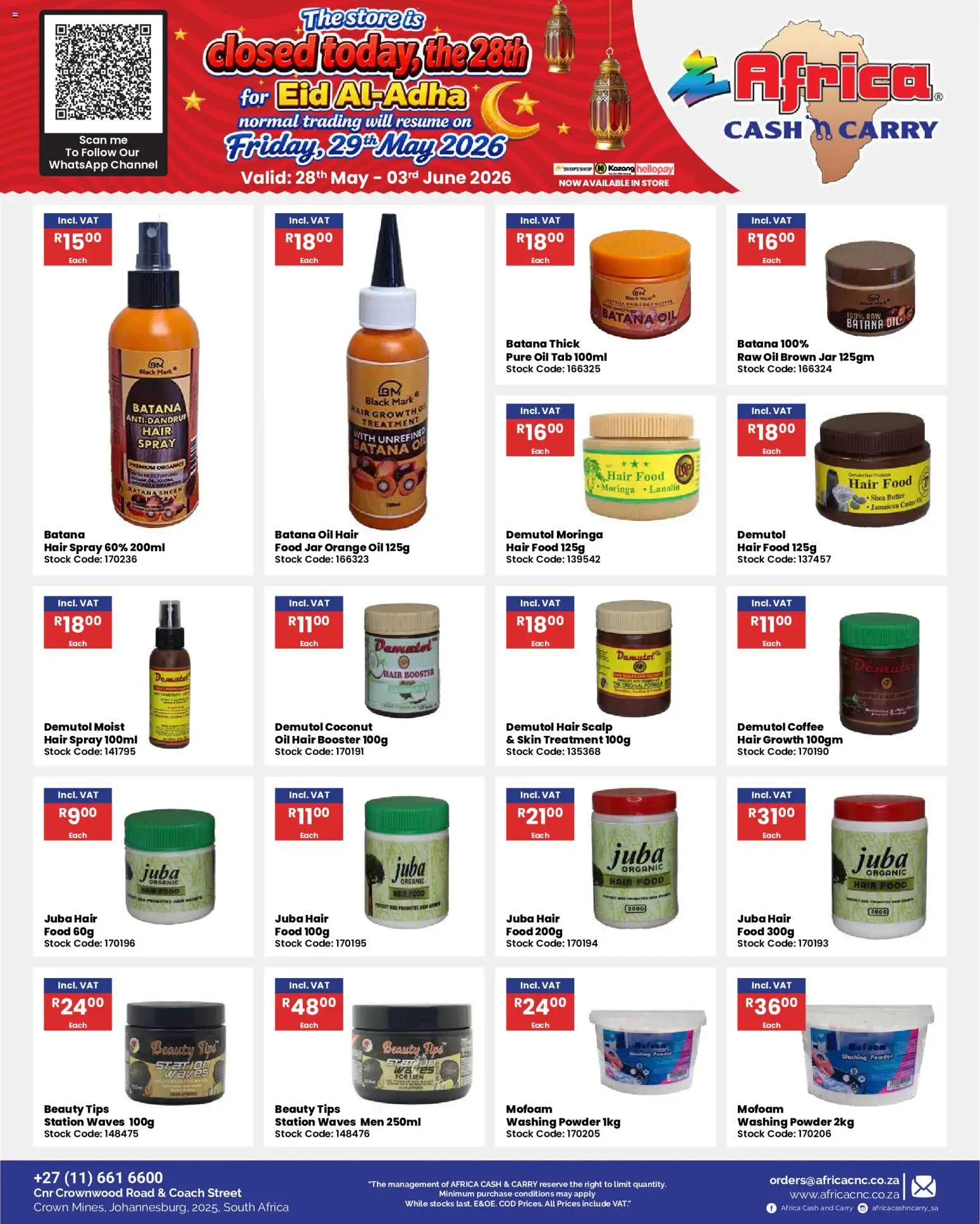 New Africa Cash & Carry catalogue – valid from 28.05.2026 | Page: 58 | Products: Oil, Hair spray, Stock, Washing powder