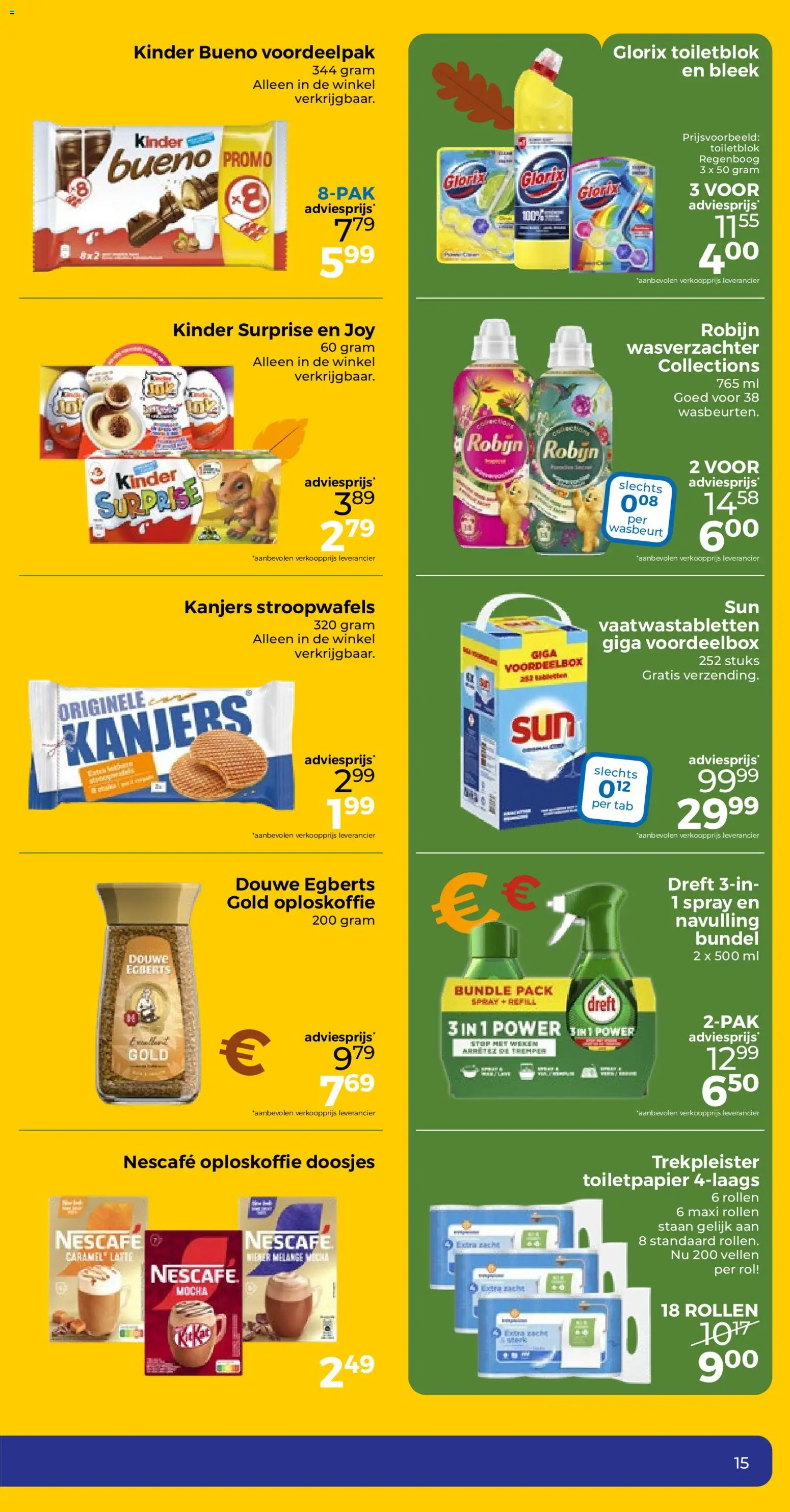 {H1} | Pagina: 16 | Producten: Vaatwastabletten, Kinder, Toiletpapier, Nescafe