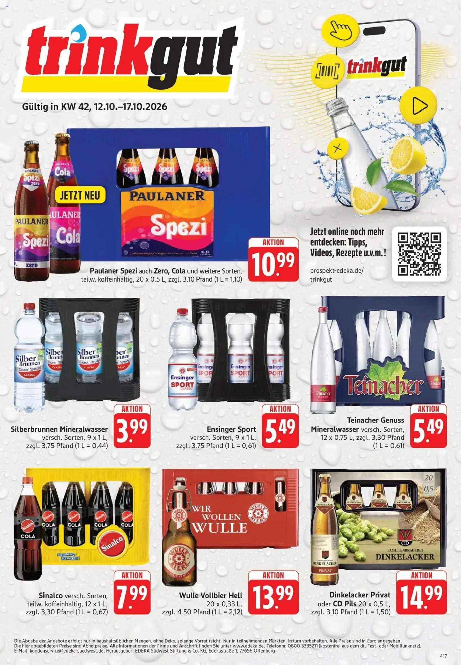 Trinkgut Prospekt Crailsheim (ab 12.10.2026) » Angebote online | Seite: 1 | Produkte: Sinalco, Paulaner spezi, Mineralwasser, Paulaner