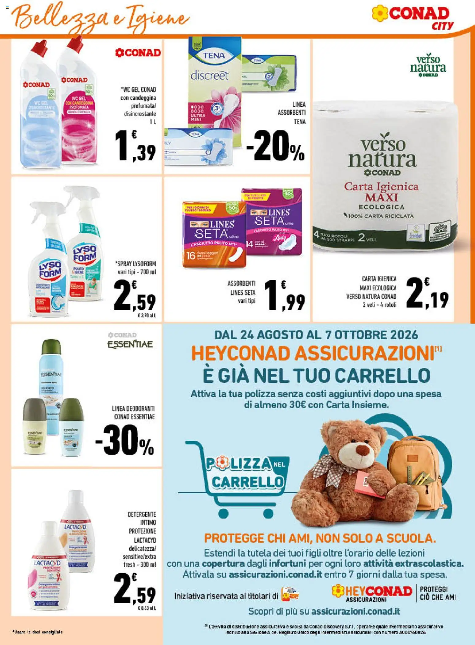 Volantino Conad del 26/08/2026 | Pagina: 13 | Prodotti: Carta igienica, Candeggina, Carrello, Assorbenti