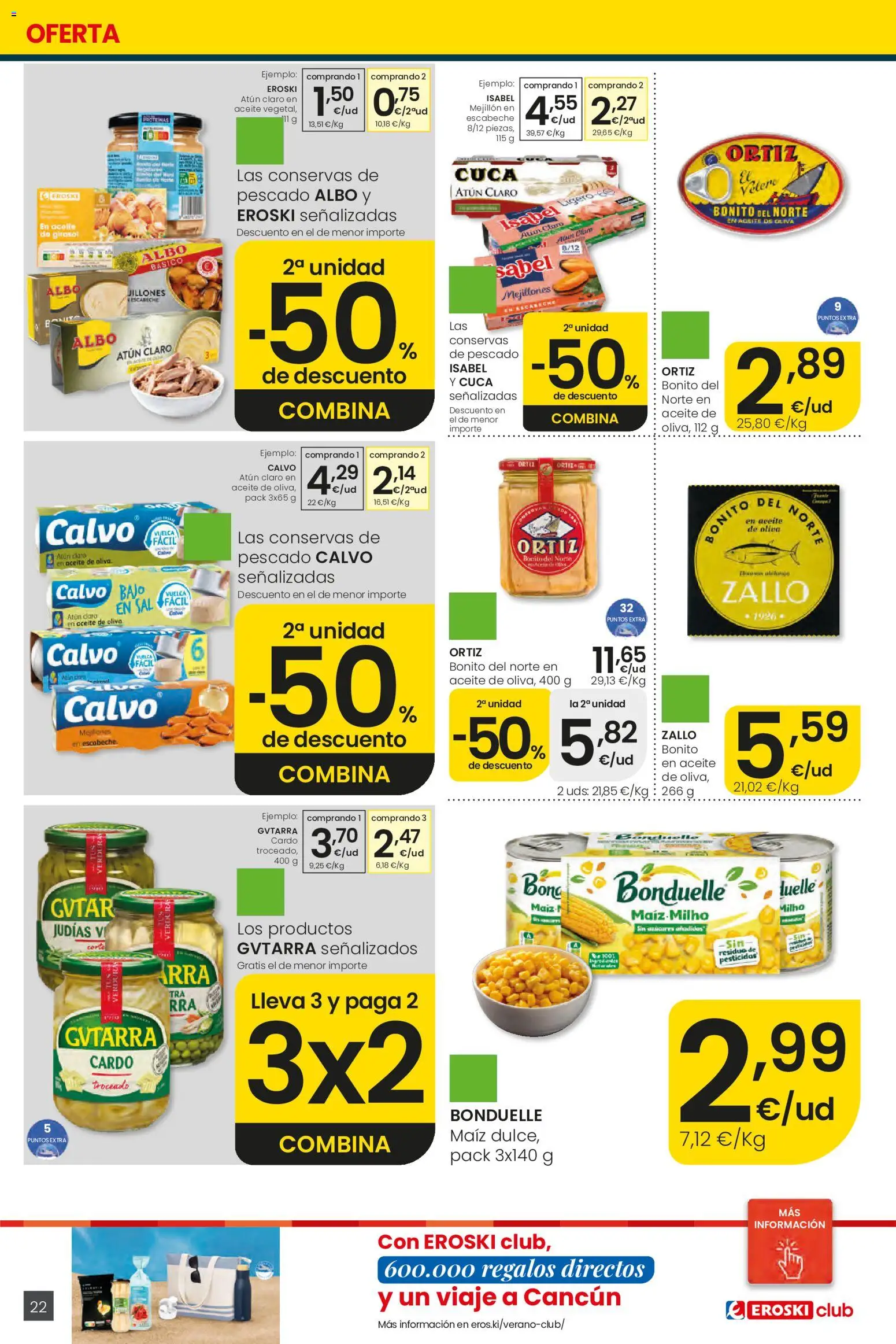 Eroski Ofertones de verano │ válido desde el 11.06.2026 | Página: 22 | Productos: Mejillones escabeche, Aceite, Pescado, Atún claro