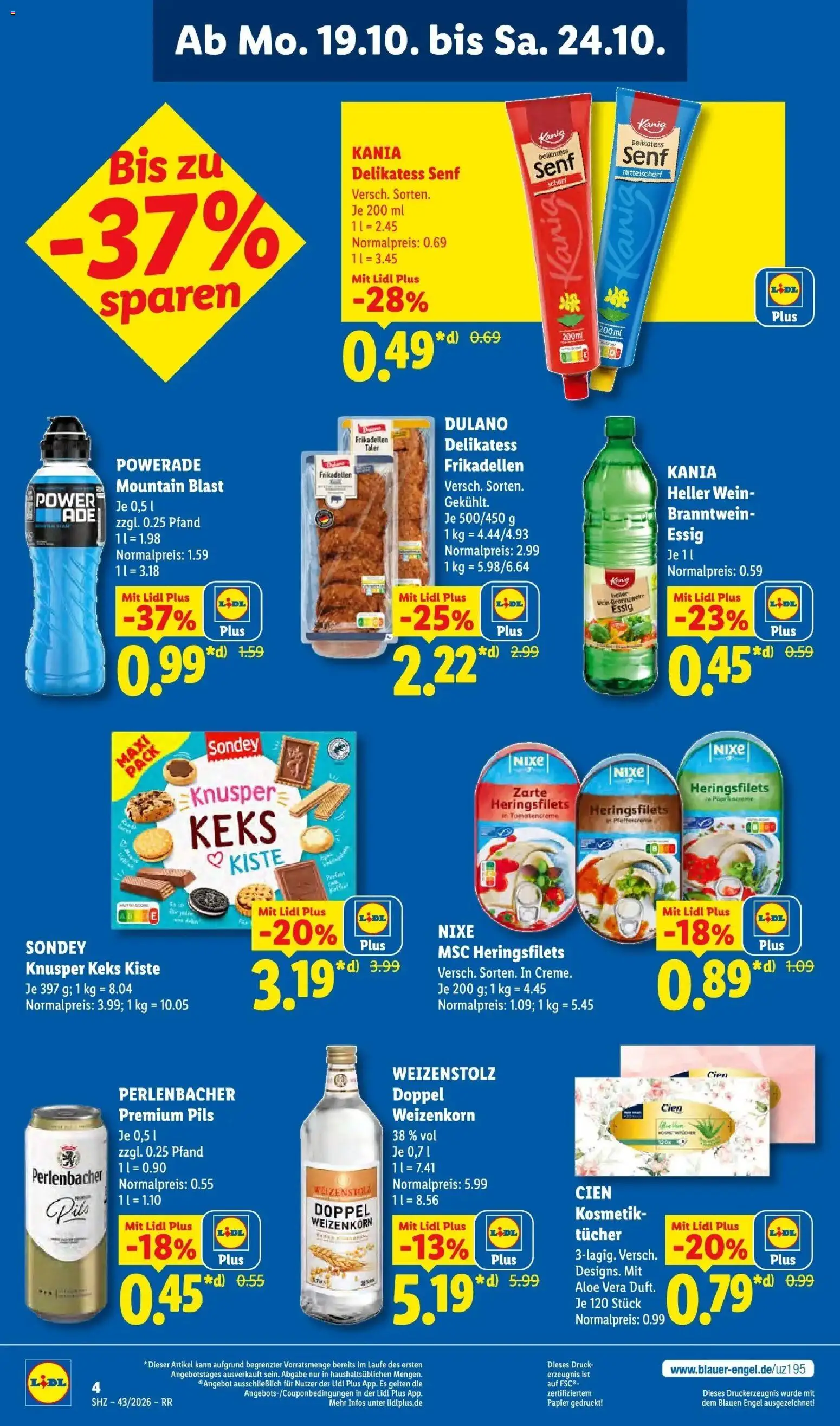 Lidl Prospekt Zülpich (ab 19.10.2026) zum Blättern » Angebote | Seite: 4 | Produkte: Essig, Pils, Powerade, Wein