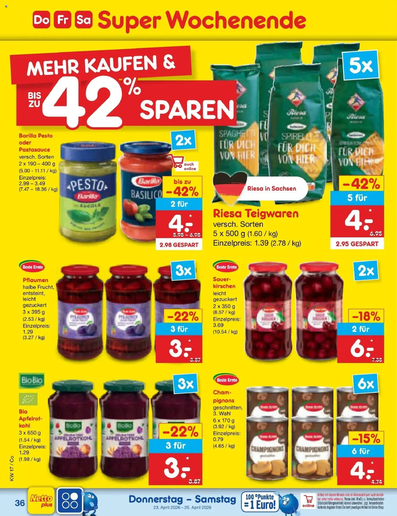 Netto Marken-Discount Prospekt Delitzsch	 – gültig ab 20.04.2026 | Seite: 52 | Produkte: Pflaumen, Barilla, Barilla pesto, Kirschen