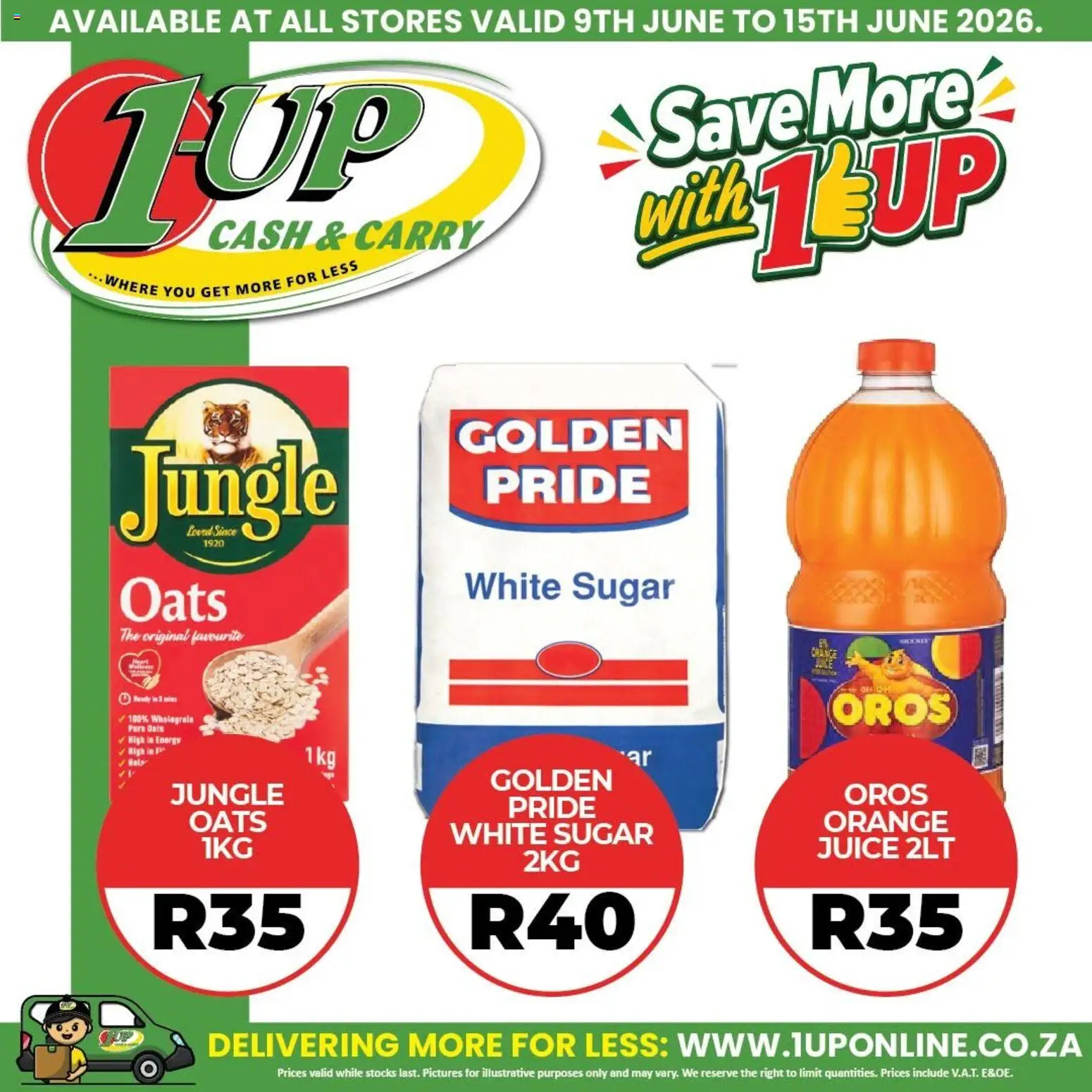 New 1UP Cash & Carry catalogue – valid from 09.06.2026 | Page: 2 | Products: Oats, Juice, Sugar