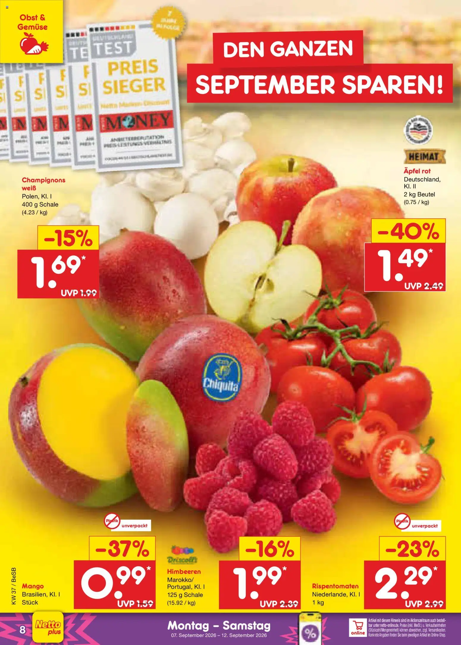Netto Marken-Discount Prospekt – gültig ab 07.09.2026 | Seite: 14 | Produkte: Äpfel, Champignons, Gemüse, Mango