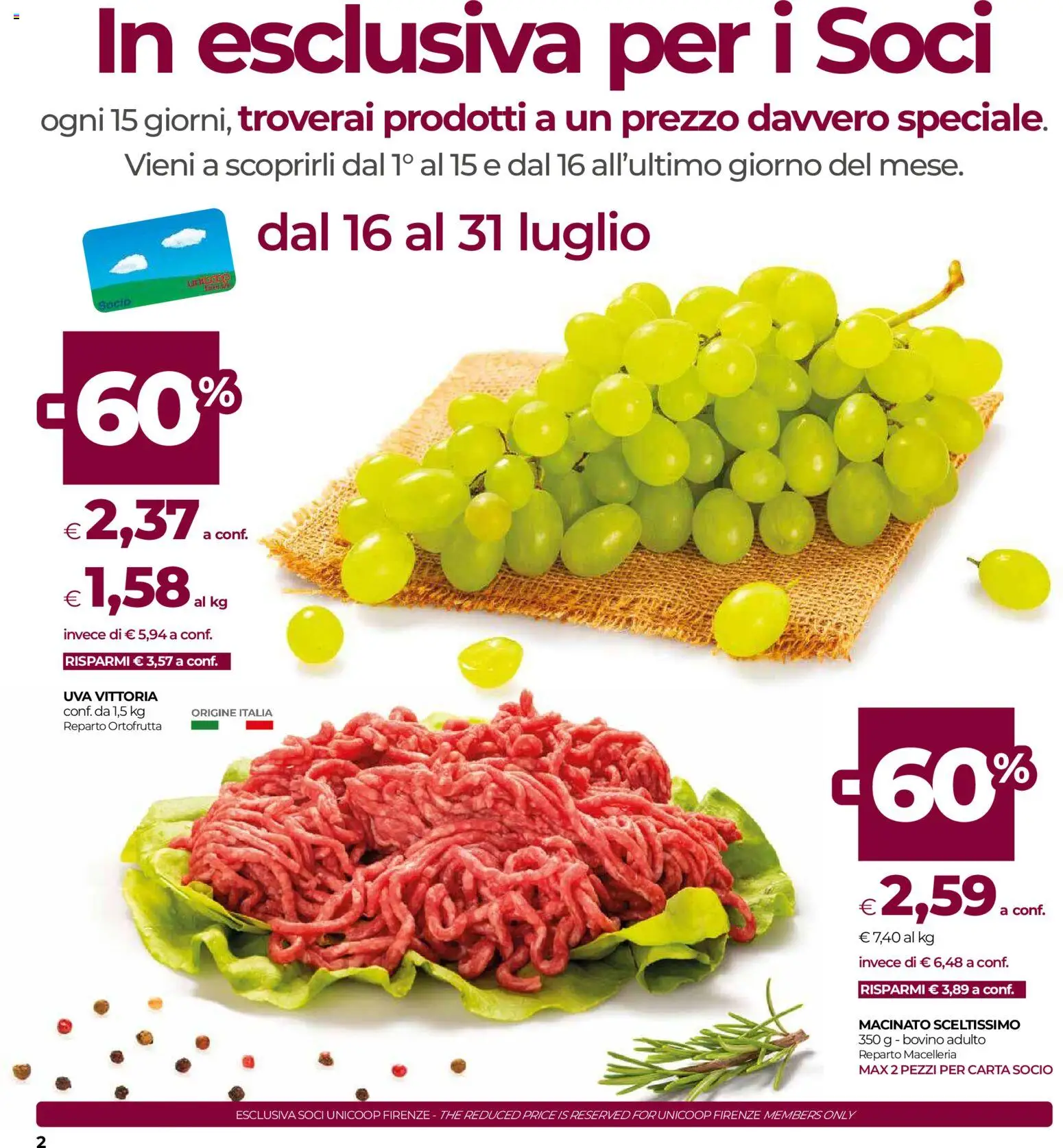 Volantino COOP del 16/07/2026 | Pagina: 2 | Prodotti: Bovino, Uva, The, Macinato