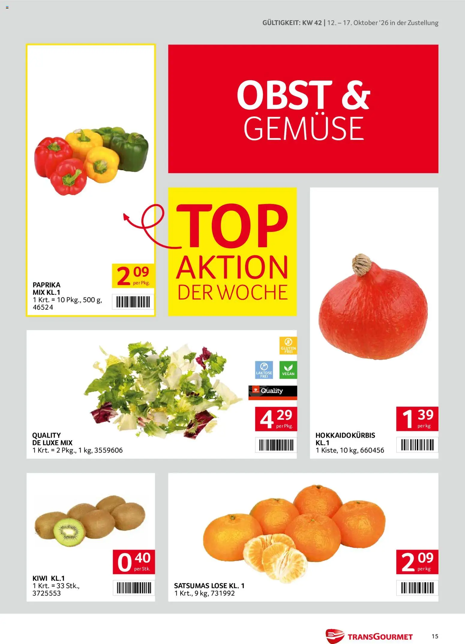 Transgourmet Flugblatt gültig ab 11.10.2026 | Seite: 15 | Produkte: Kiwi, Gemüse, Obst