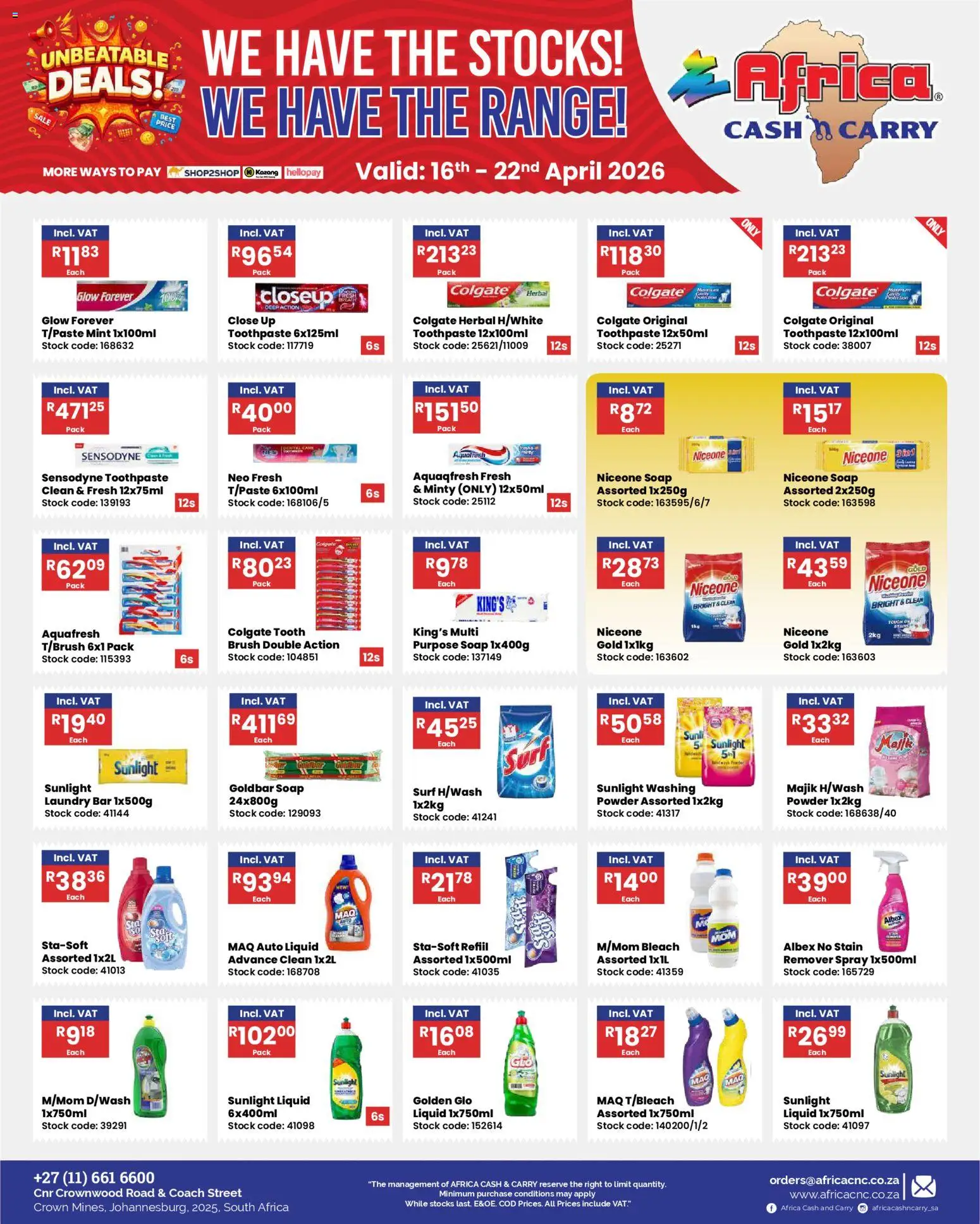 New Africa Cash & Carry catalogue – valid from 16.04.2026 | Page: 11 | Products: Bleach, Brush, Soap, Toothpaste