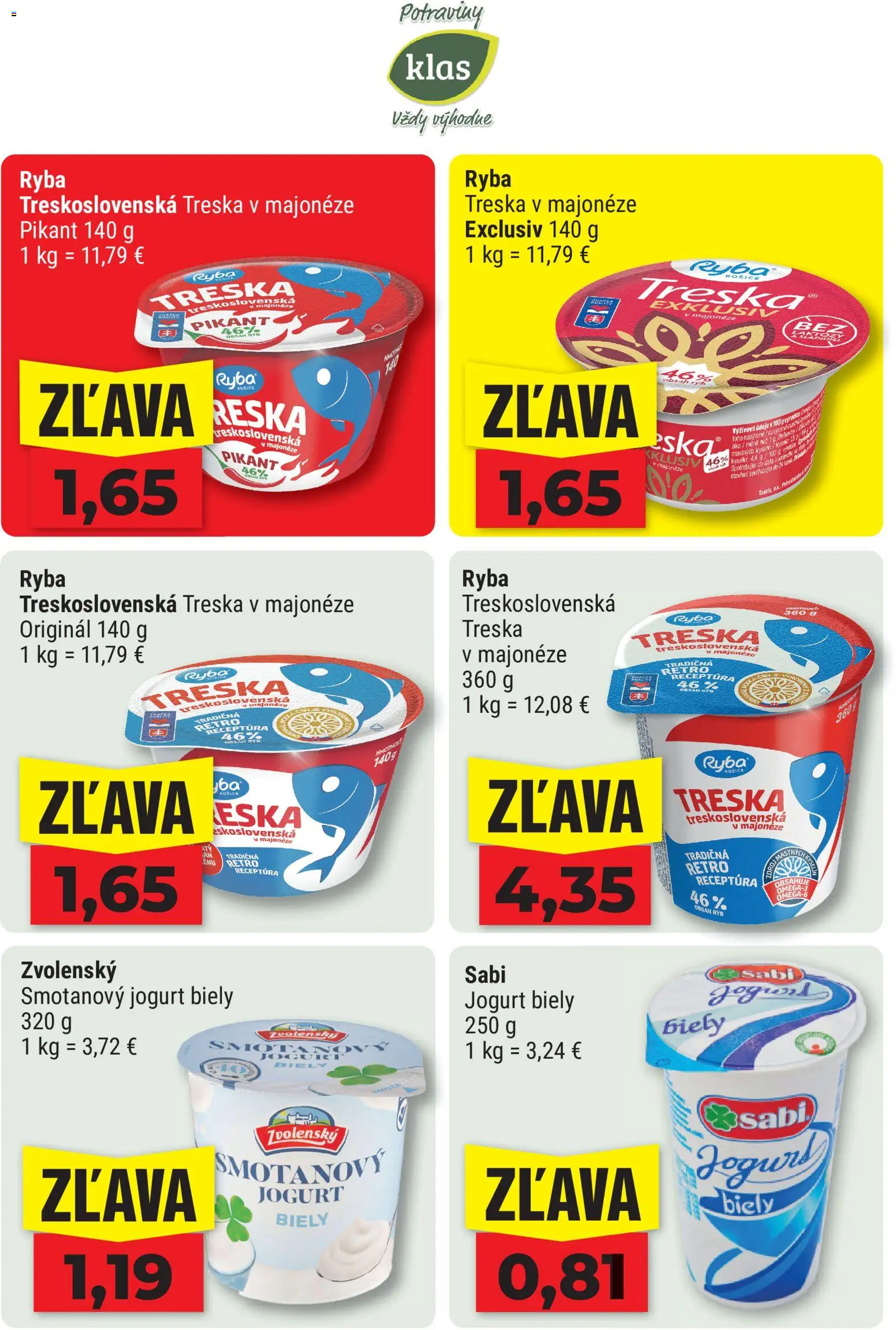 Nové Klas akcie – leták je platný od 10.08.2026 | Strana: 3 | Produkty: Jogurt, Ryba, Smotanový jogurt, Treska