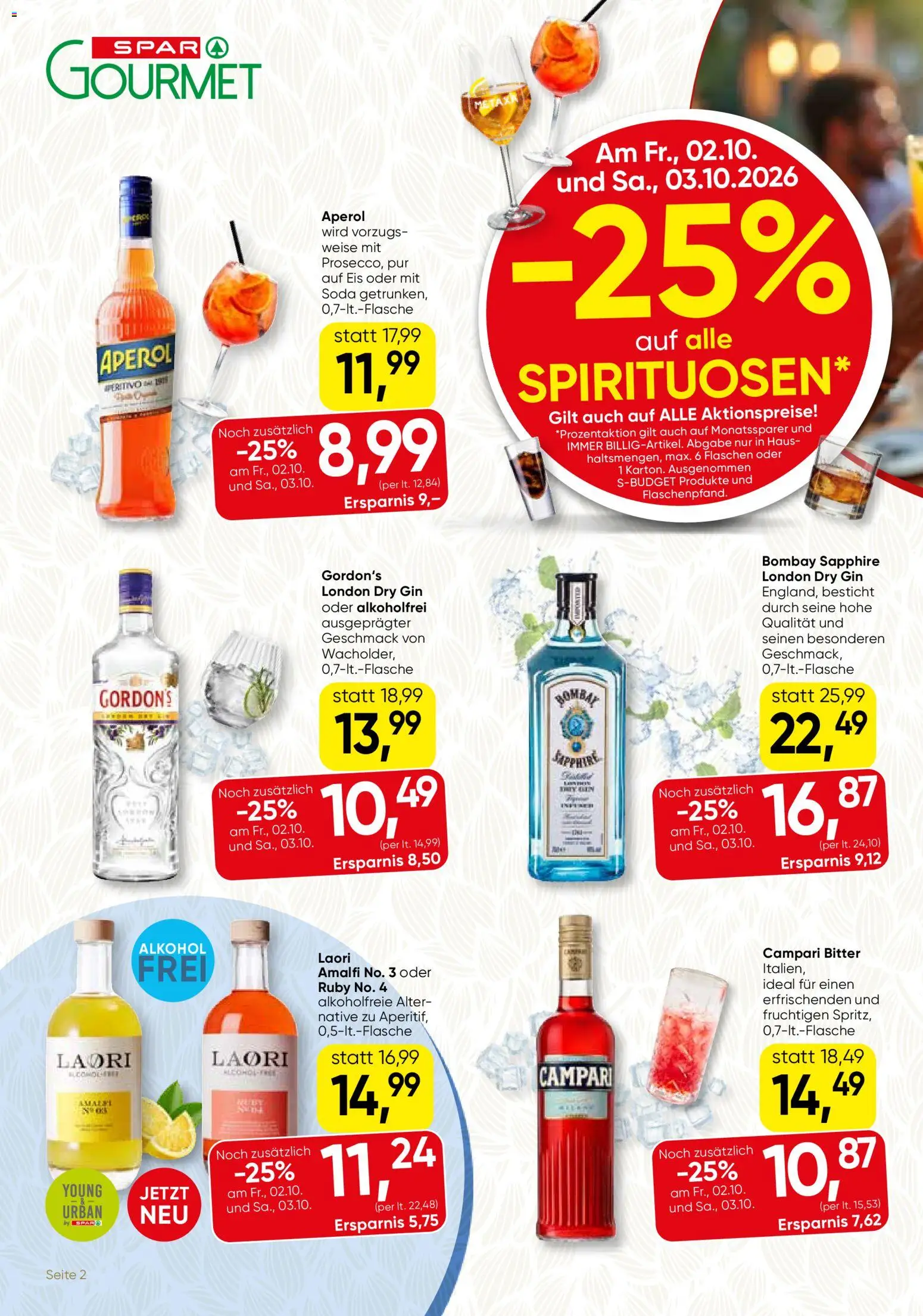 SPAR Gourmet Flugblatt gültig ab 01.10.2026 | Seite: 2 | Produkte: Gin, Eis, Campari, Aperol
