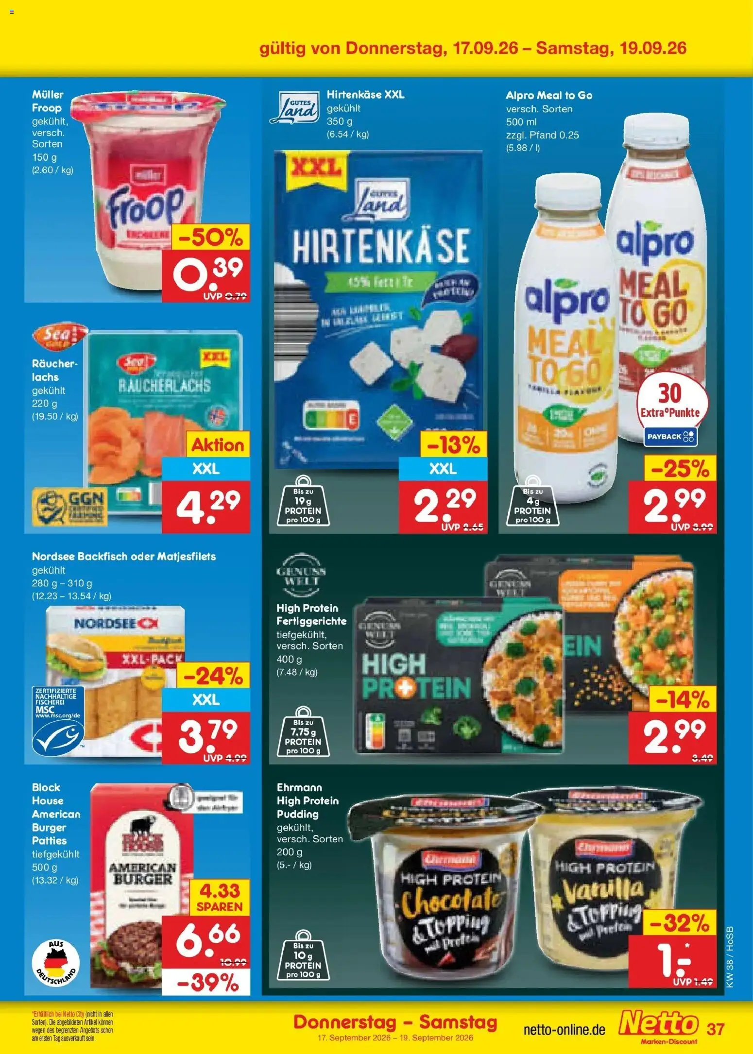 Netto Marken-Discount Prospekt Hannover – gültig ab 14.09.2026 | Seite: 51 | Produkte: Burger, Pudding, Räucherlachs, Alpro