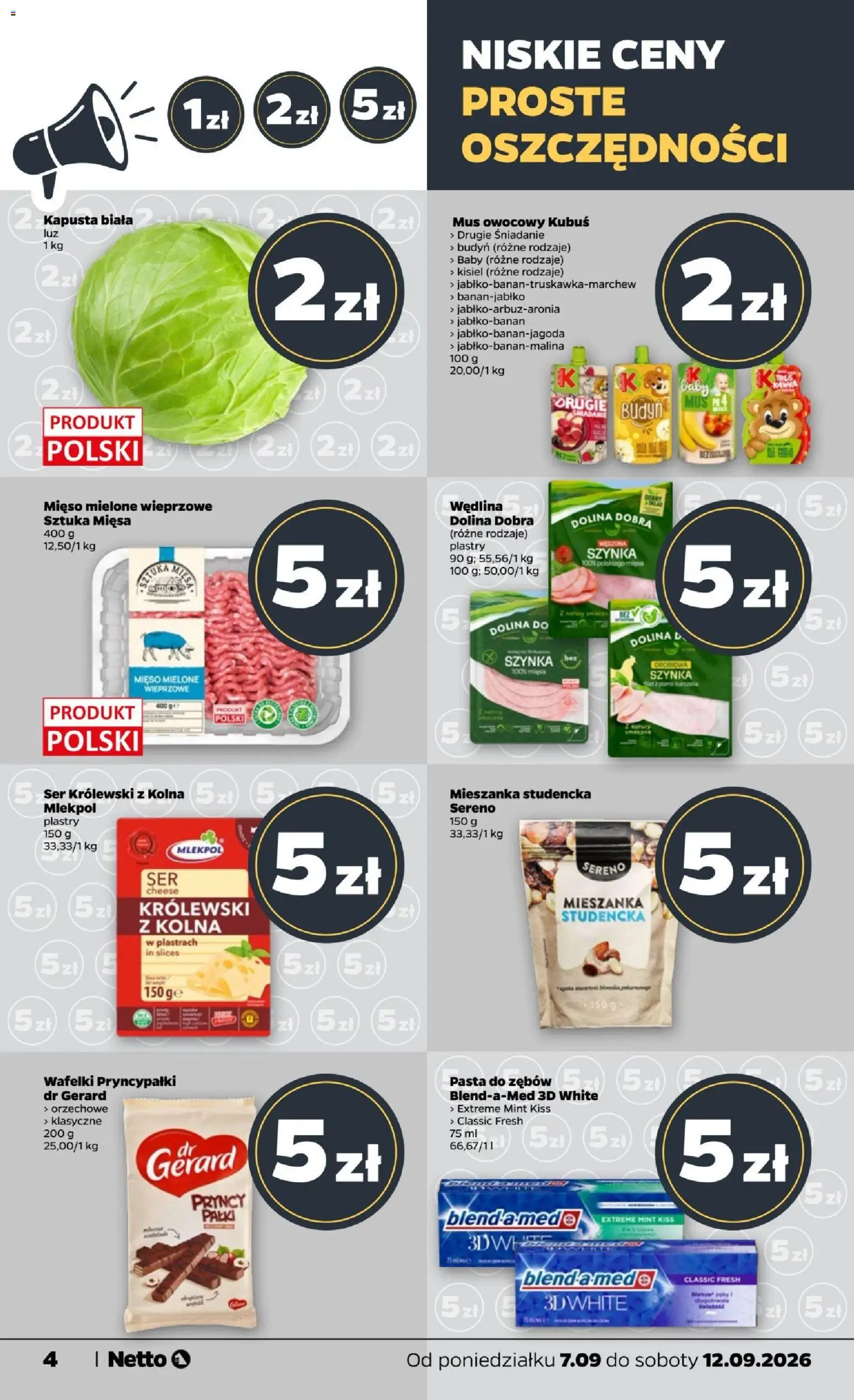 Netto gazetka od poniedziałku od 07.09.2026 | Strona: 4 | Produkty: Budyń, Kapusta, Mus owocowy, Kapusta biała