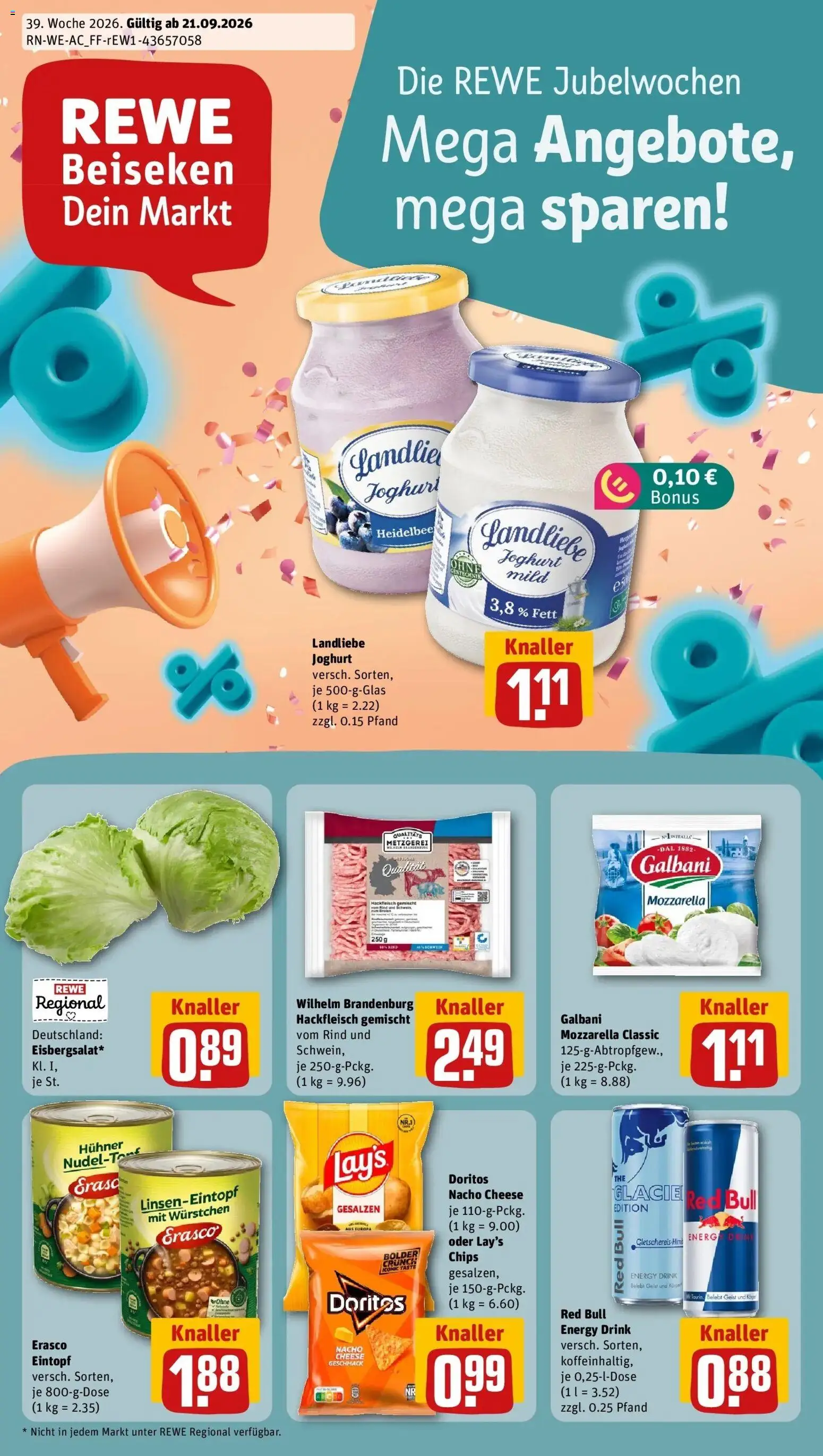 REWE Prospekt ab 21.09.2026 zum Blättern » Angebote | Seite: 1 | Produkte: Red bull, Energy, Landliebe joghurt, Chips