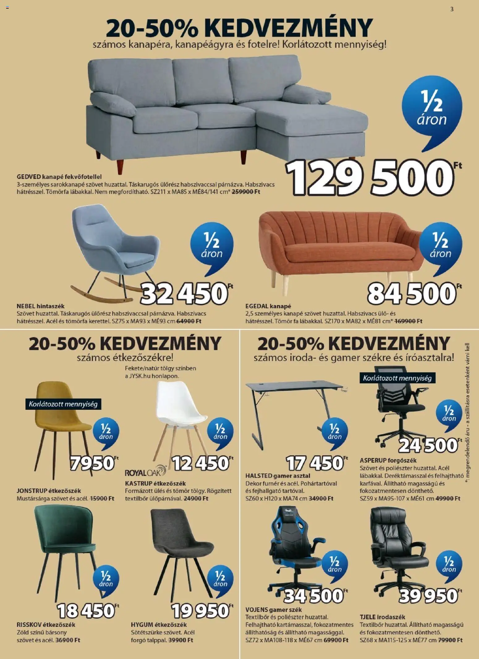 JYSK akciós ujság - amely érvényes a következő dátumtól: 03.06.2026 | Oldal: 3 | Termékek: Gamer szék, Sarokkanapé, Kanapé, Szék
