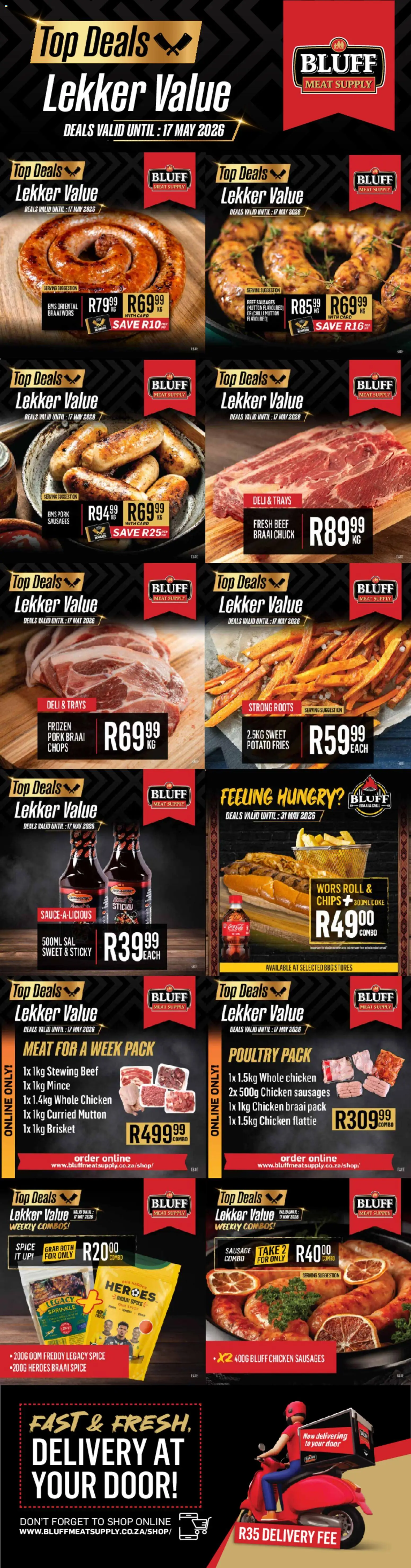 New Bluff Meat Supply catalogue – valid from 11.05.2026 | Page: 1 | Products: Coke, Chicken, Chips, Chilli
