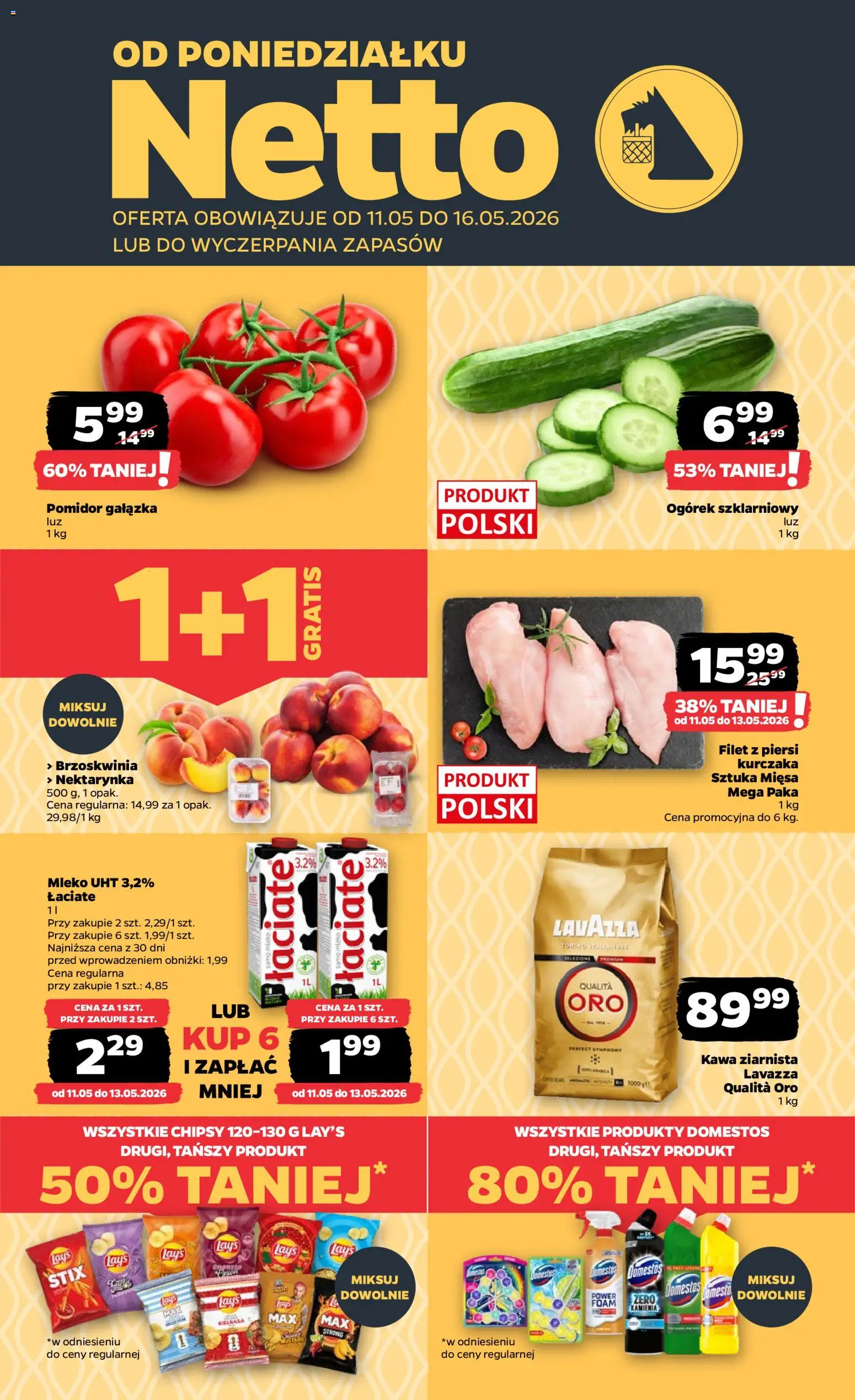 Netto gazetka od poniedziałku spożywcza od 11.05.2026 | Strona: 1 | Produkty: Kawa ziarnista, Domestos, Mleko, Ogórek szklarniowy