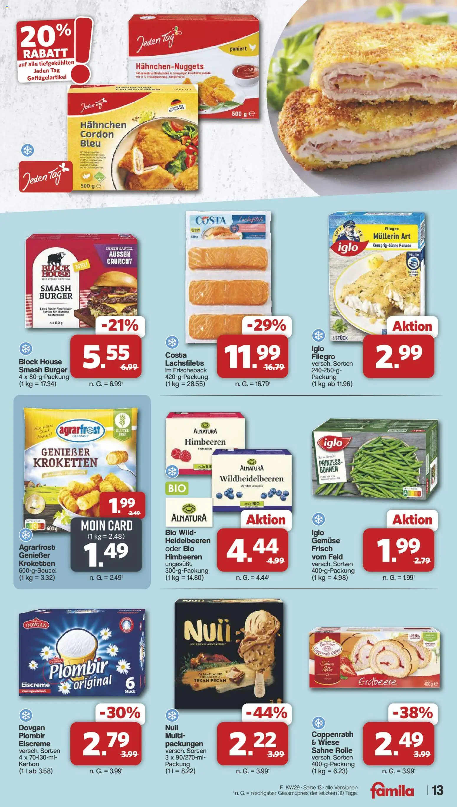 Famila Nordwest Prospekt – gültig ab 13.07.2026 | Seite: 13 | Produkte: Iglo, Burger, Gemüse, Rindfleisch