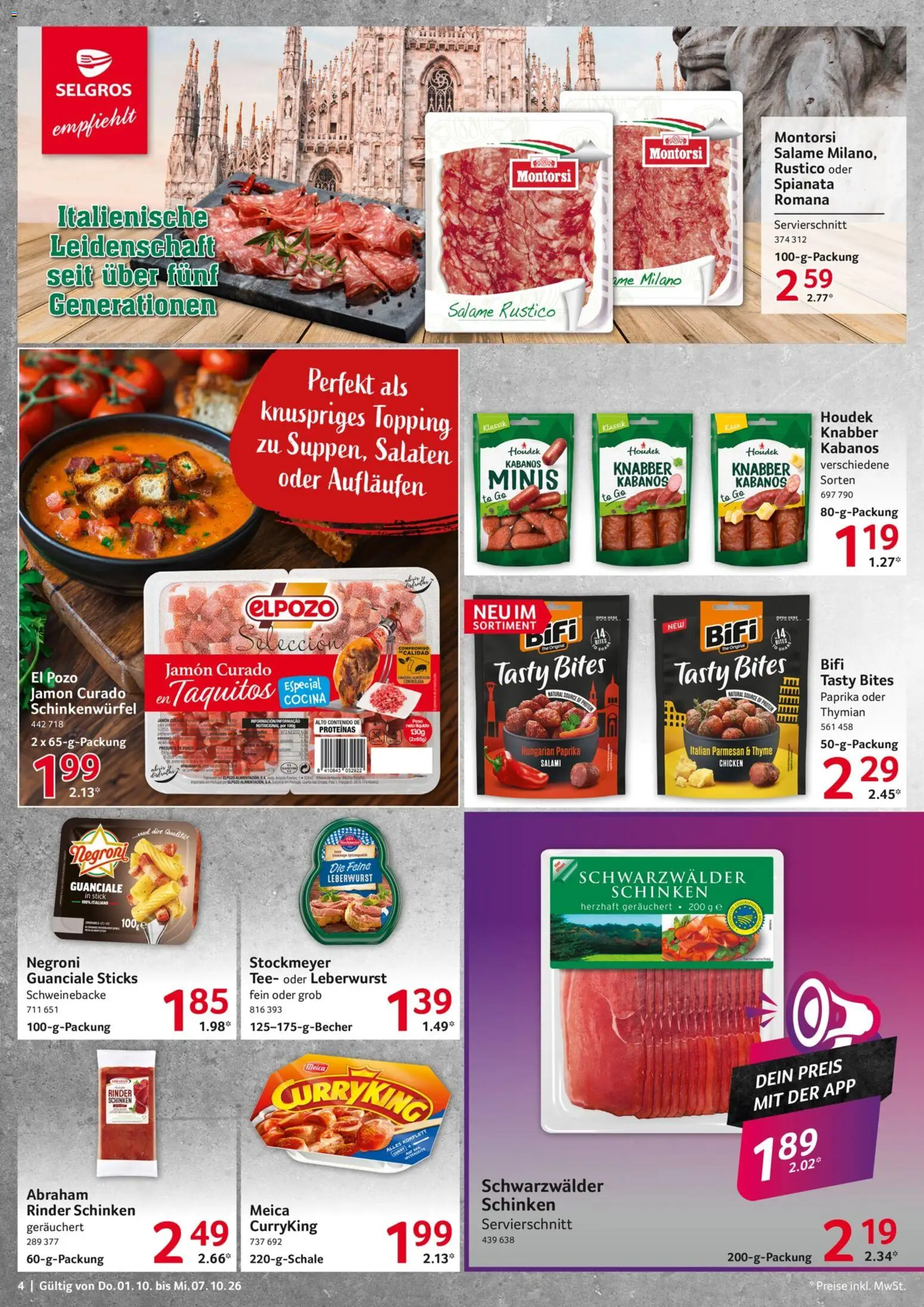 Selgros Prospekt – gültig ab 01.10.2026 | Seite: 4 | Produkte: Bifi, Salami, Schinken, Tee
