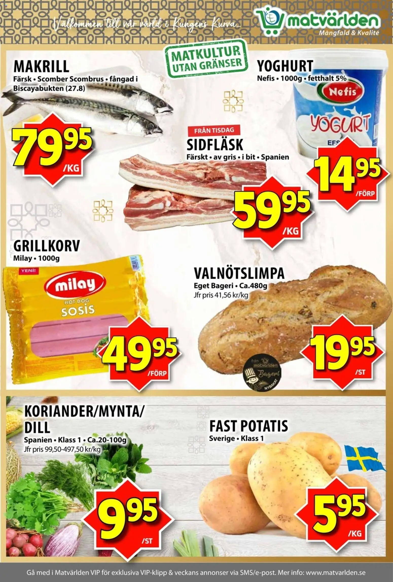 Matvärlden reklamblad aktuell från 18.05.2026 | Sida: 2 | Produkter: Bageri, Grillkorv, Yoghurt, Potatis
