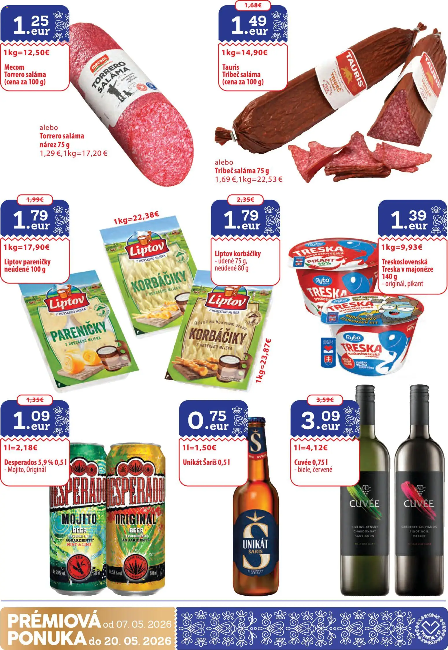 Nové Nitrazdroj akcie – leták je platný od 07.05.2026 | Strana: 30 | Produkty: Saláma, Desperados, Šariš, Treska