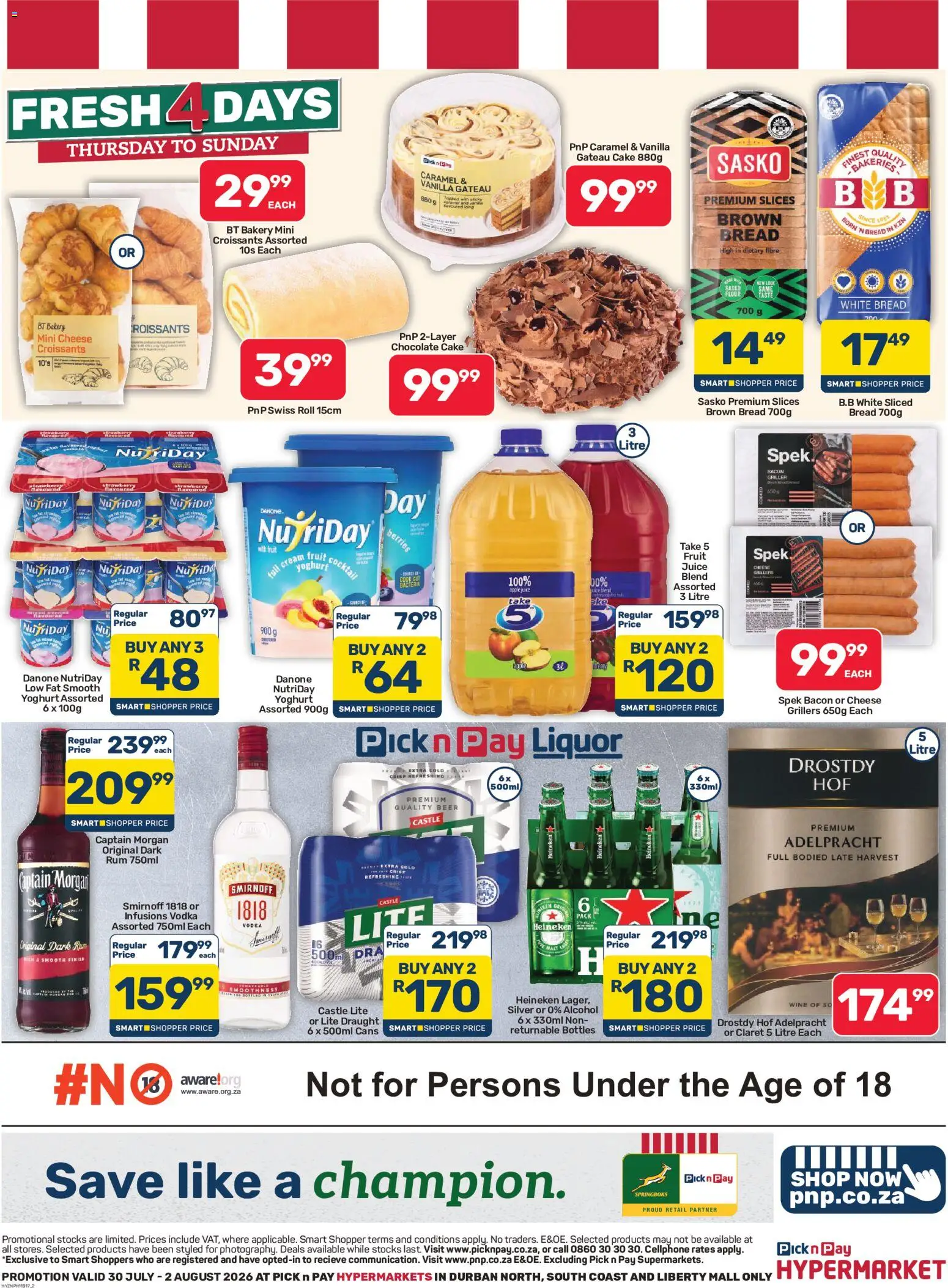 New Pick n Pay catalogue – valid from 30/07/2026 | Page: 2 | Products: Bread, Chocolate, Wine, Griller