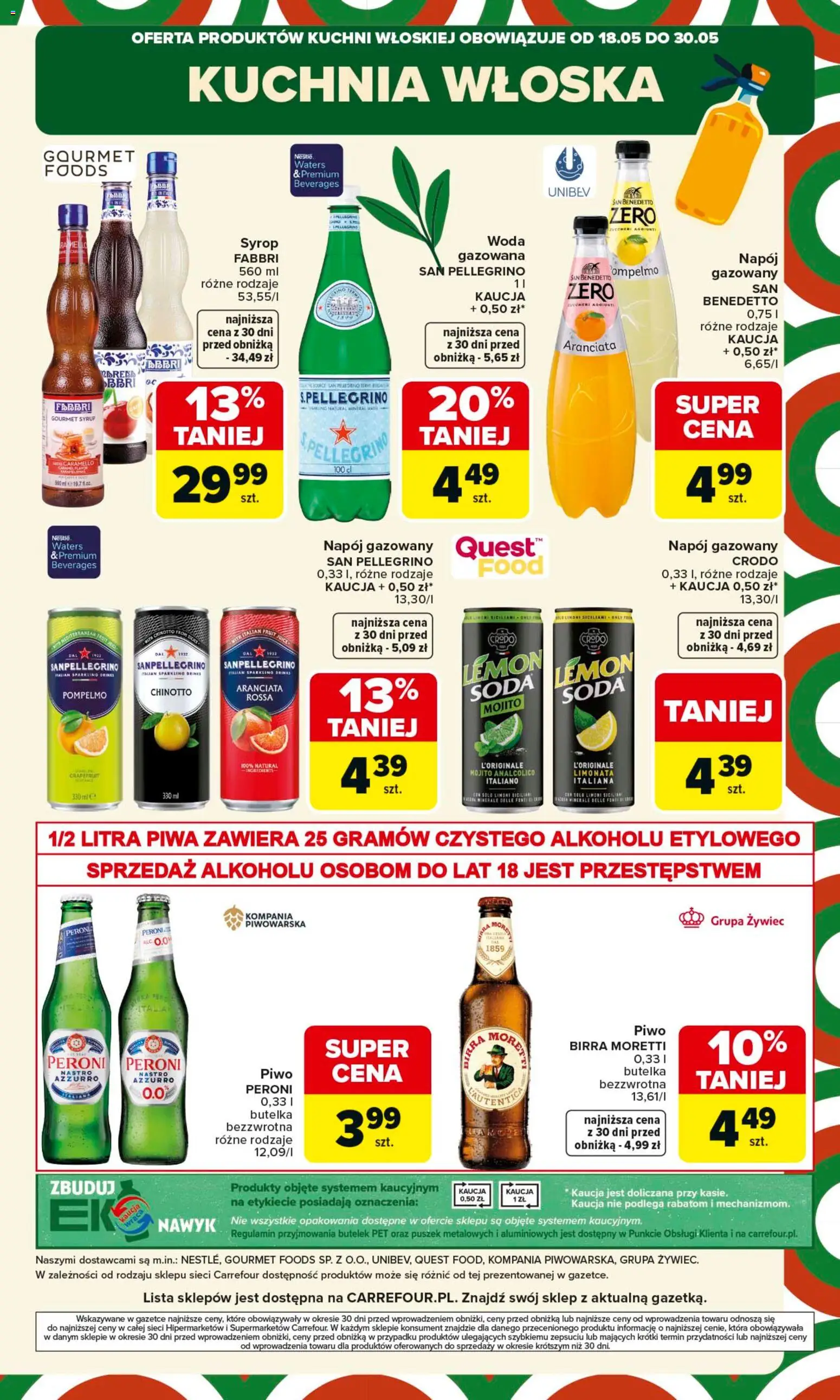 Carrefour gazetka - Kuchnia włoska od 18.05.2026 | Strona: 13 | Produkty: Syrop, Piwo, Woda