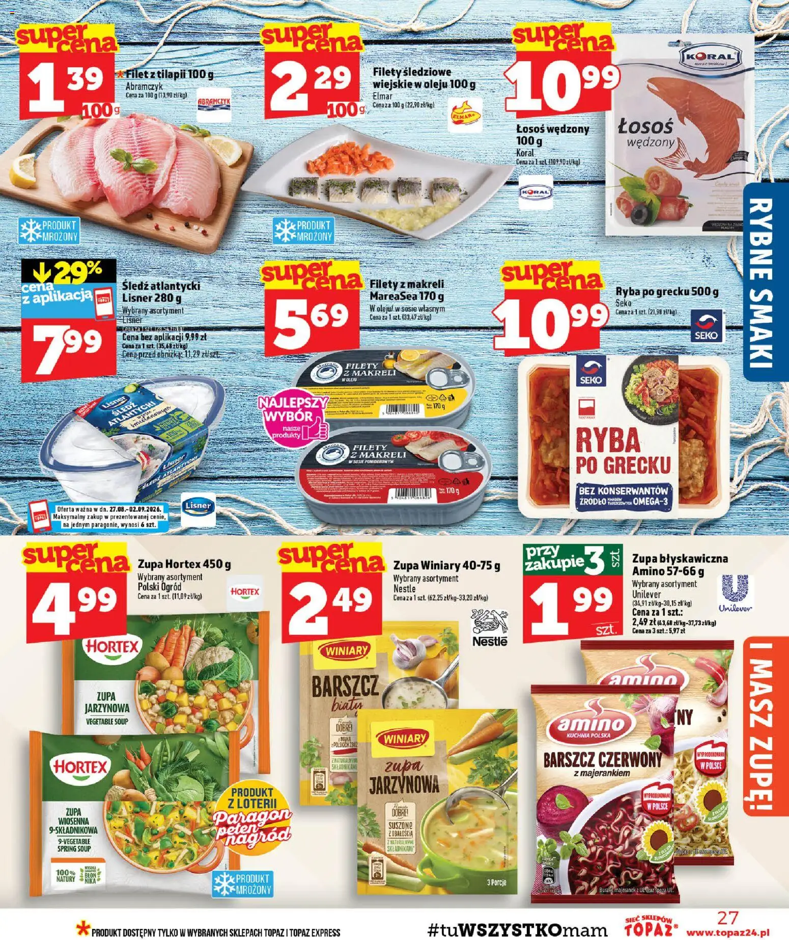Topaz gazetka - MAZ od 27.08.2026 | Strona: 27 | Produkty: Śledź, Łosoś wędzony, Filet, Filety z makreli w sosie pomidorowym