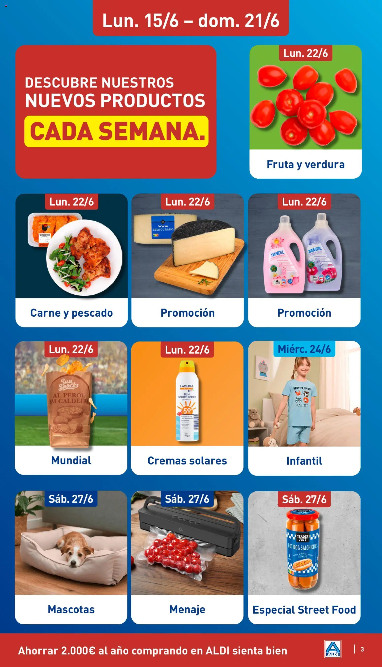 Aldi folleto Península │ válido desde el 22.06.2026 | Página: 3 | Productos: Spray solar, Queso, Detergente líquido, Pantalón corto