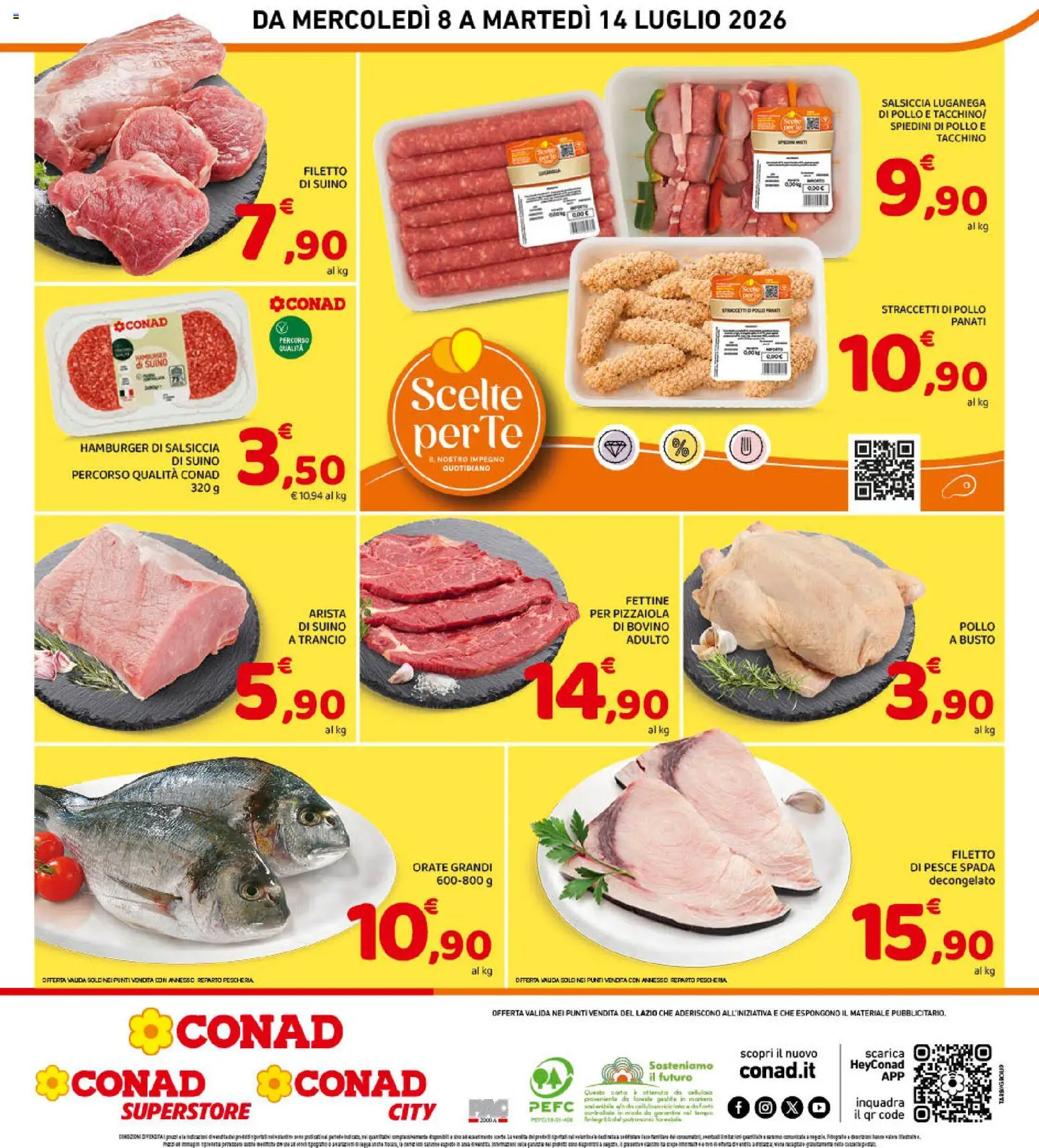 Volantino Conad del 08/07/2026 | Pagina: 8 | Prodotti: Bovino, Pollo, Pesce spada, Hamburger